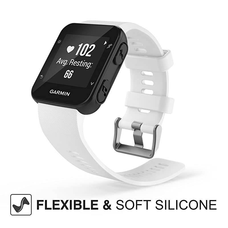 Watch Band Compatible with Garmin Forerunner 35 Soft Silicone Replacement Watch Band Sport Bracelet Strap with 6pcs Screws and 2pcs Screwdrivers fit Garmin Forerunner 35 GPS Running White