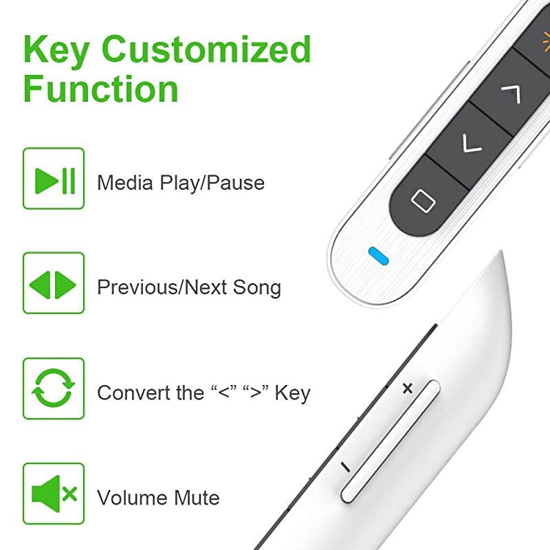330FT  N76 Green Presentation Remote Rechargeable Wireless Presenter Remote with Green Light Presentation Pointer Slide Advancer Support HyperlinkVolumeKeyCustomized