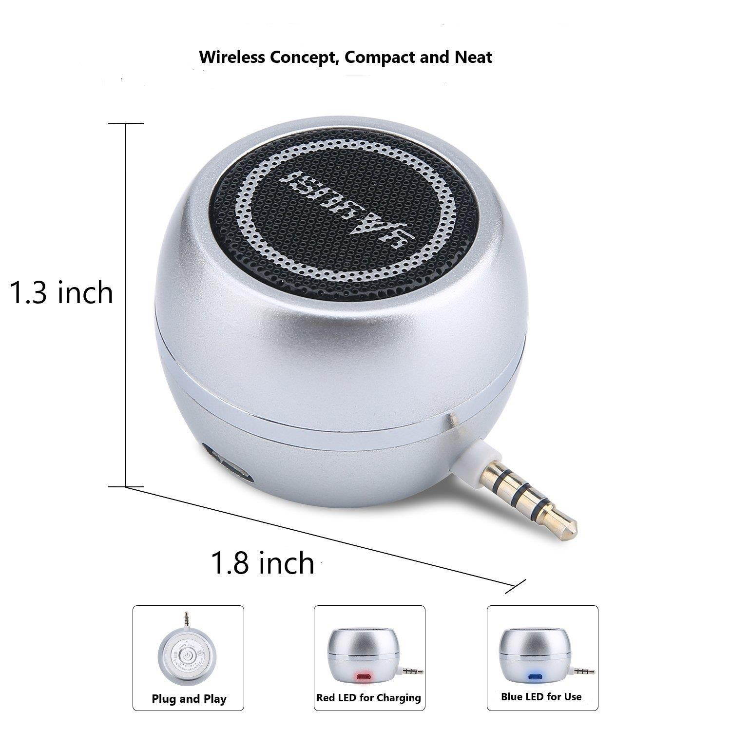 Wireless Mini Speaker with 3.5mm Aux Input Jack, 3W Loud Portable Speaker for iPhone iPod iPad Cellphone Tablet Laptop, with USB Rechargeable Battery, Gift Choice for Kids, Silver