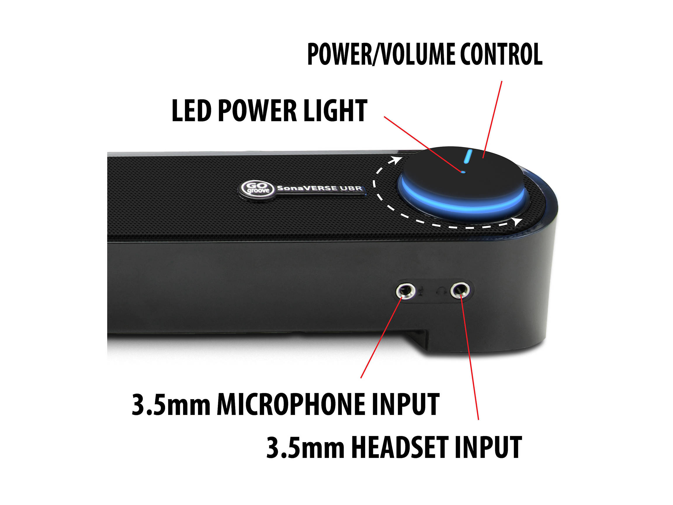 Desktop Computer Sound Bar Speaker w/ Easy Access Headphone & Mic Jacks by GOgroove - SonaVERSE UBR (Blackout) - USB Powered, LED accents, Compact 16.5" Length, Angled Design - Ideal for Small Desks