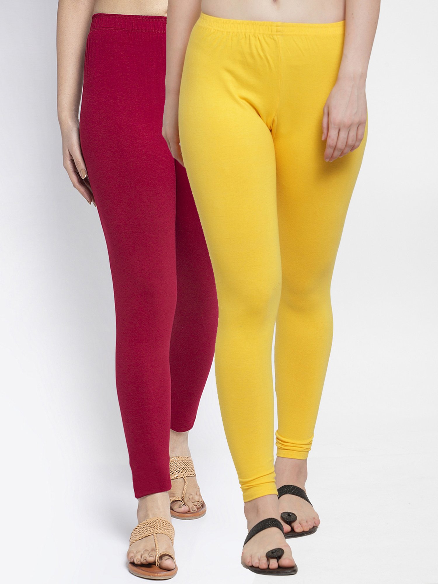 Gracit Yellow & Maroon Mid Rise Leggings - Pack Of 2
