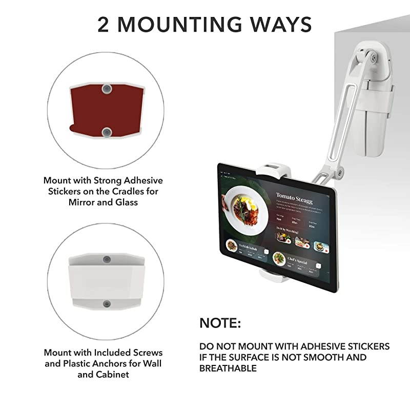 Kitchen Tablet Stand HIGHFlex 360 Superior Strength Portable 47 to 135 Inch Universal Tablet Stand amp Phone Holder for Kitchen Counter amp Wall 4 PT Wobble Free Mount White