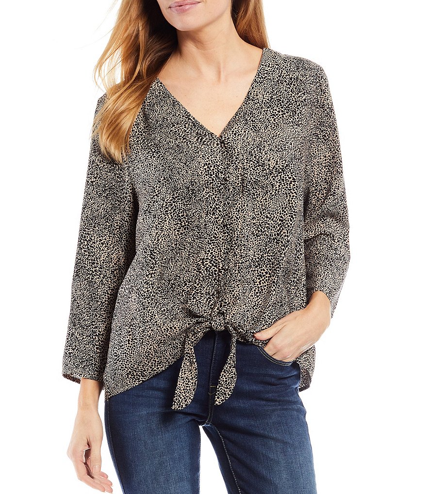 Bobeau Animal Print Woven V-Neck Button Up 3/4 Sleeve Tie-Front Top