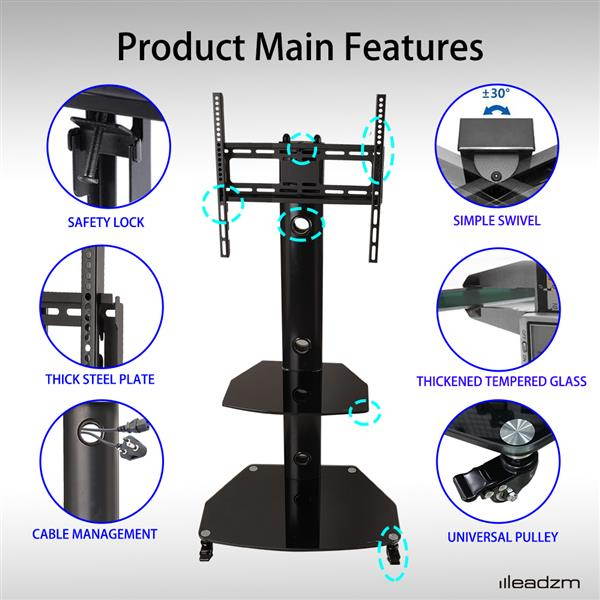 32-65" Corner Floor 2-Tier Shelves TV Stand Rolling Cart with Swivel Bracket Load Capacity110lb / 50kg