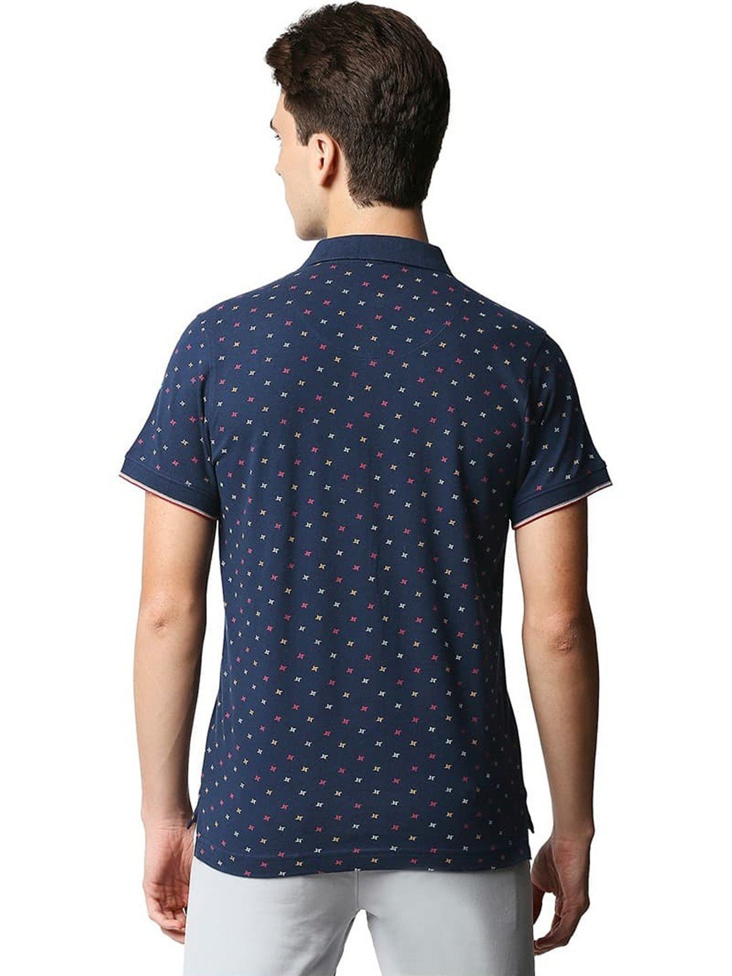 Basics Pageant Blue Cotton Muscle Fit Printed Polo T-Shirt