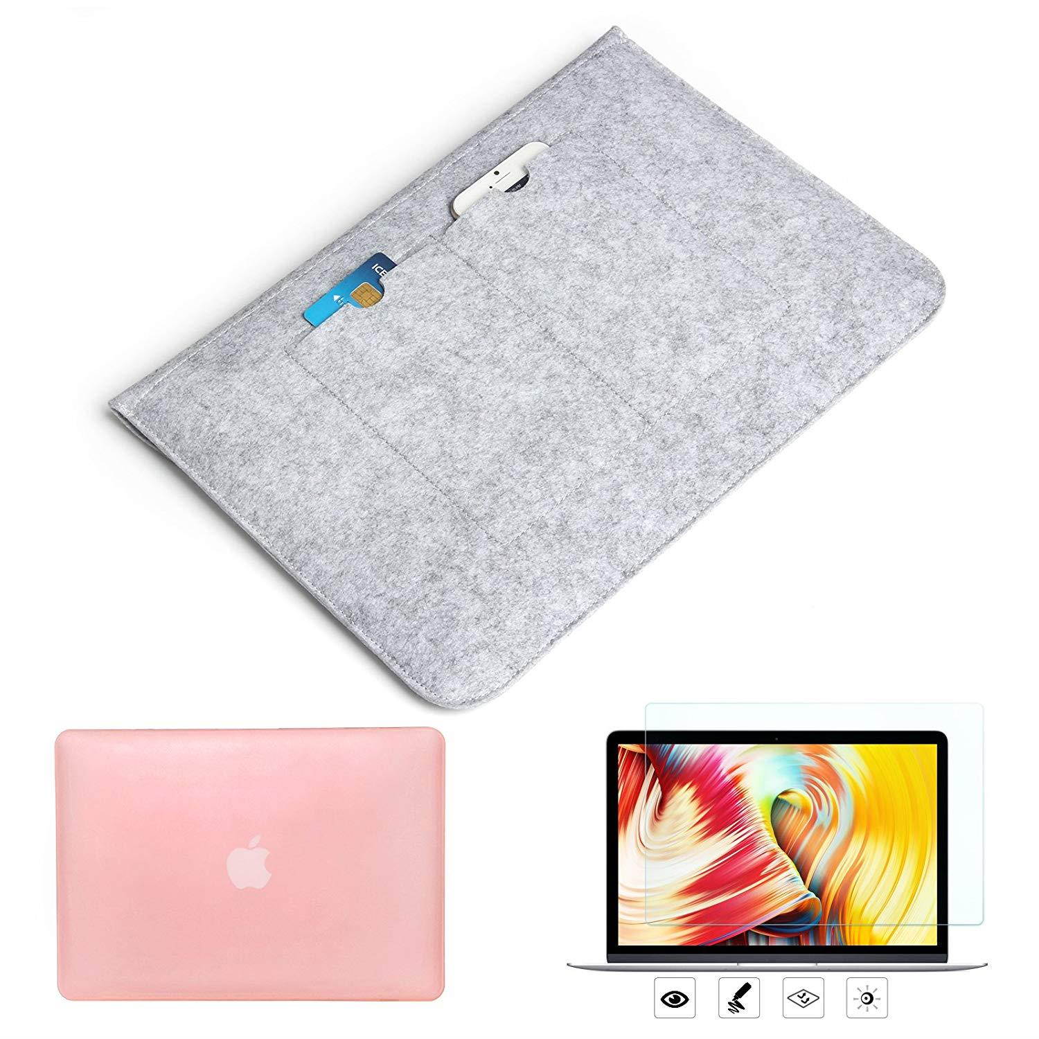 MacBook Pro 15"(2016 & 2017 Release) Hardshell Case & Felt Sleeve[5 in 1 Bundle] with Screen Protector,Keyboard Cover & Dust Plug for Latest MacBook Pro 15" A1707 w/Touch Bar Touch ID - Rose Quartz