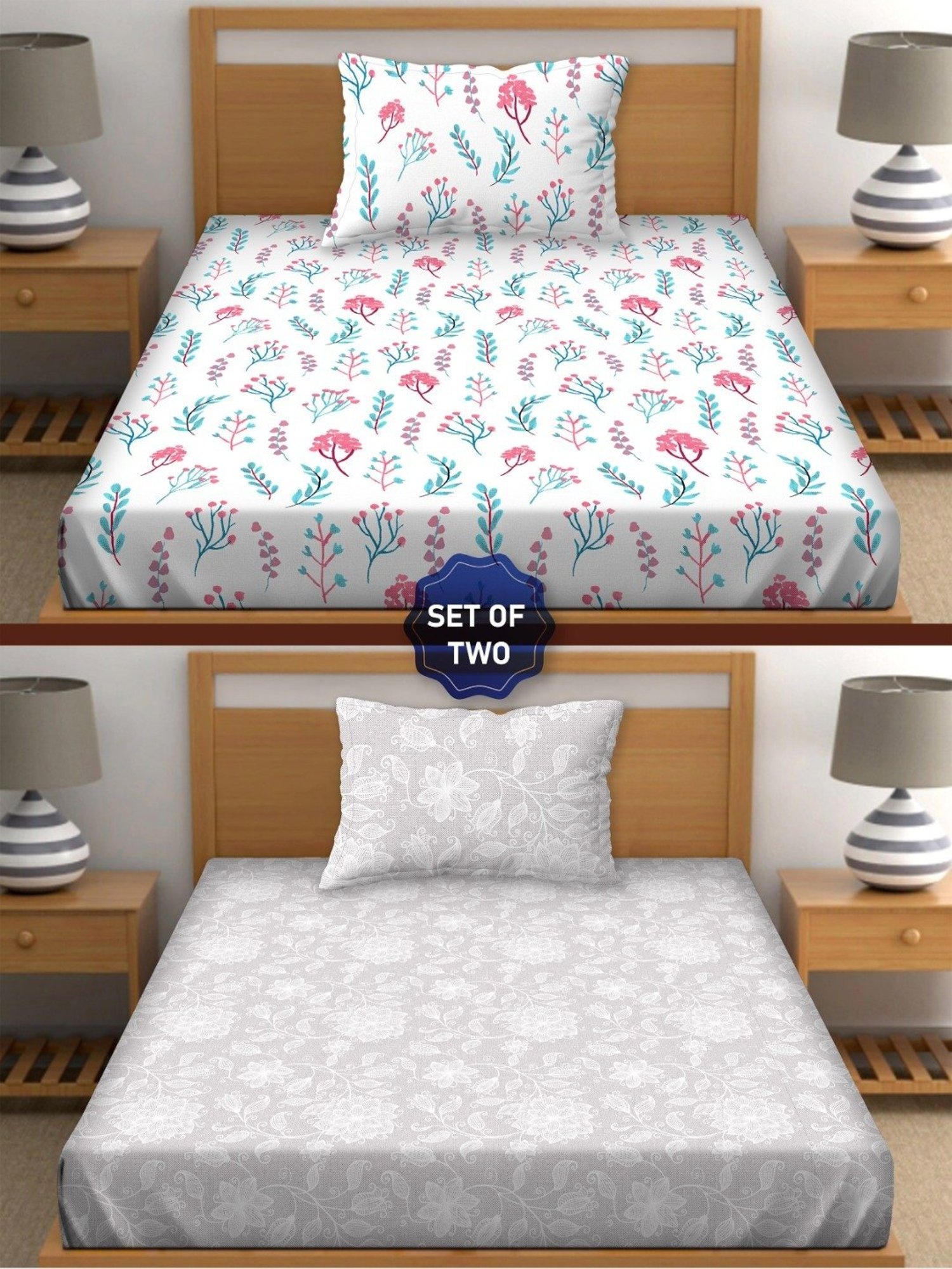 BELLA CASA Orra Printed Multicolor 180 TC Cotton Single 2 Bedsheet with 2 Pillow Covers