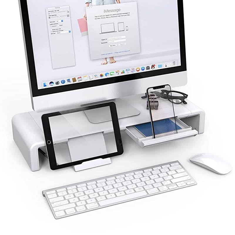 Monitor Stand Riser, Foldable Computer Monitor Stand, Adjustable Computer Stand Desk Organizer with Storage Drawer, Tablet Phone Stand for Laptop PC Printer (White)