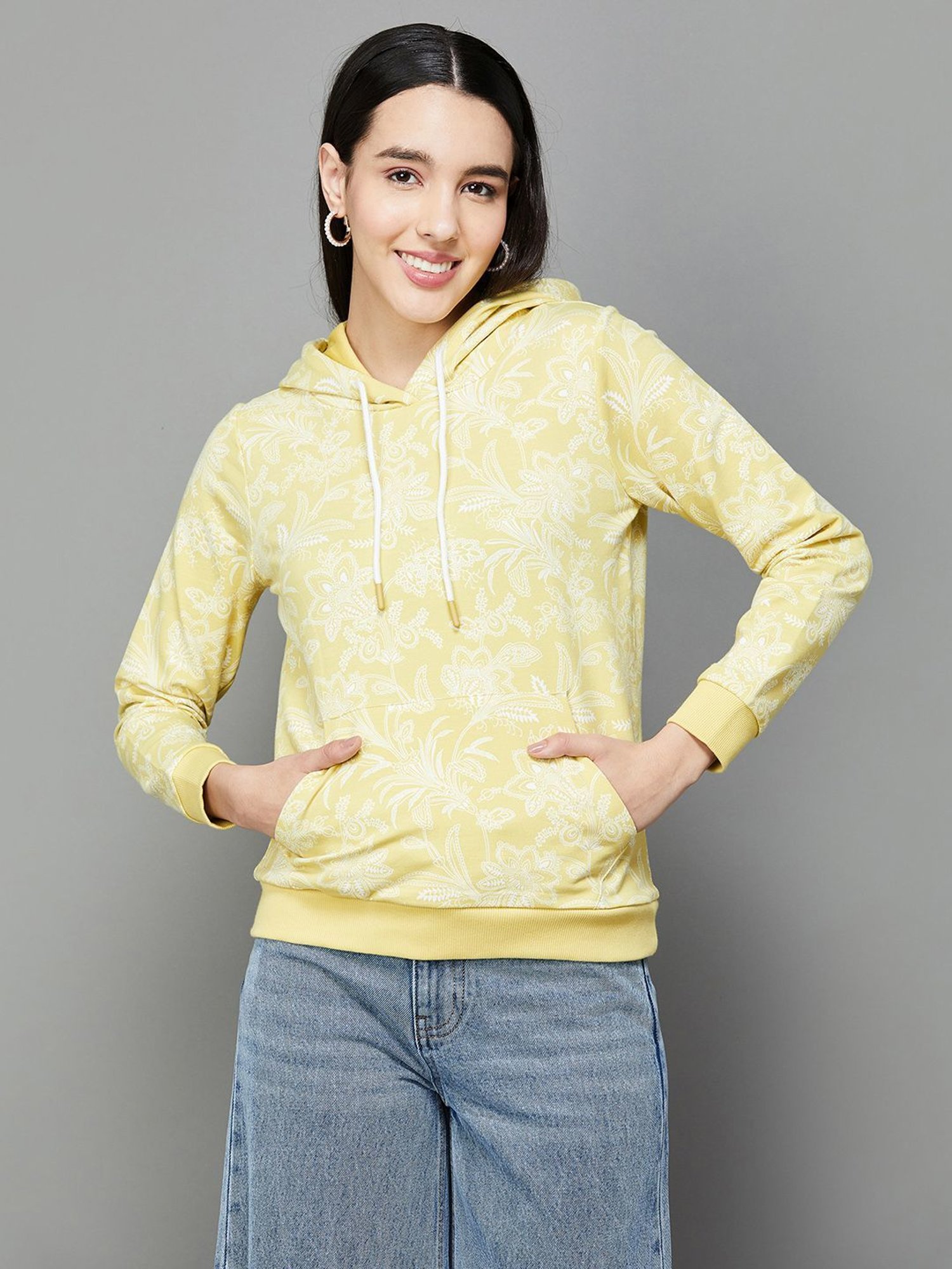 Colour Me by Melange Yellow Cotton Floral Print Hoodie