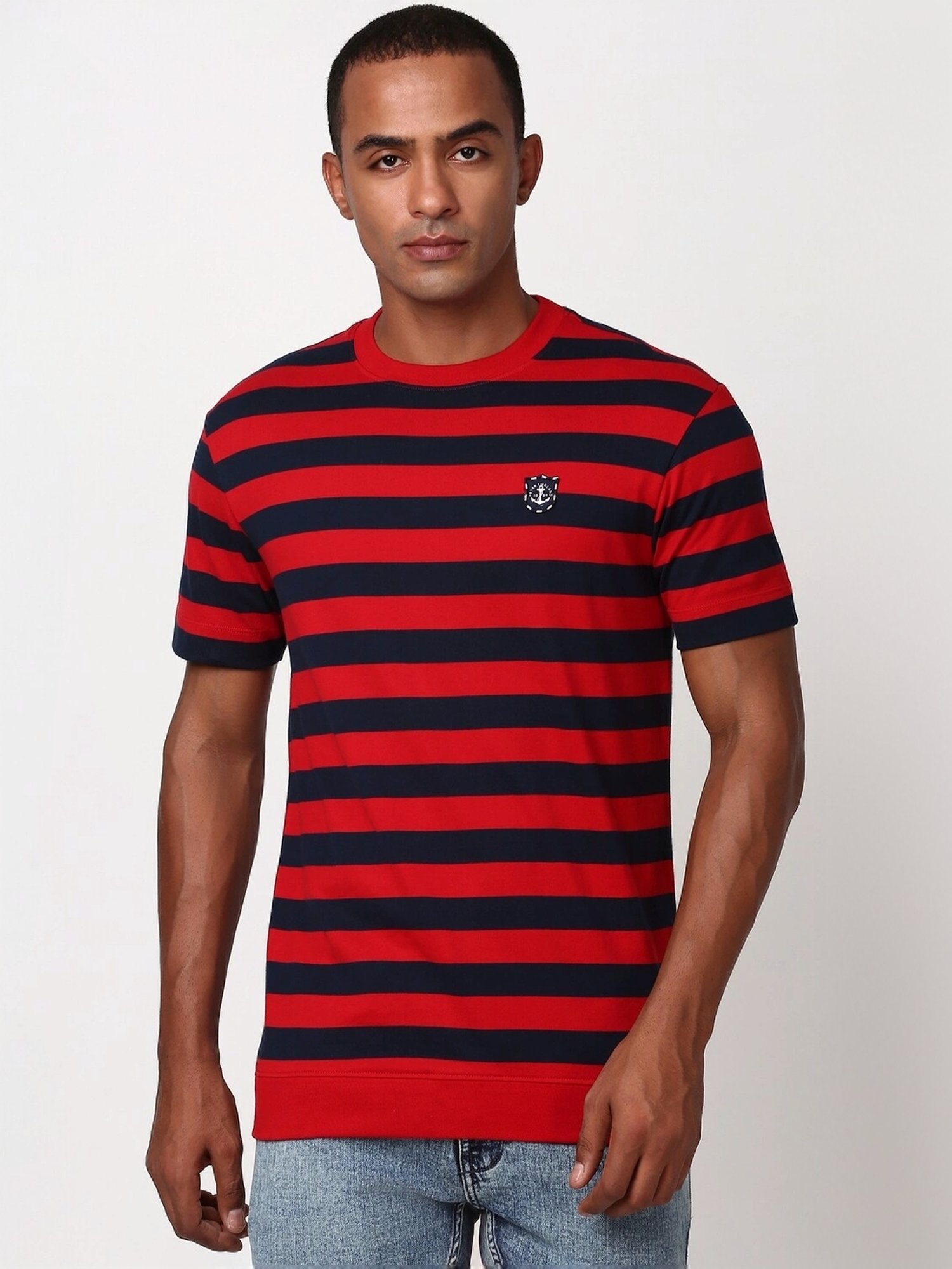Peter England Red Cotton Regular Fit Striped T-Shirt