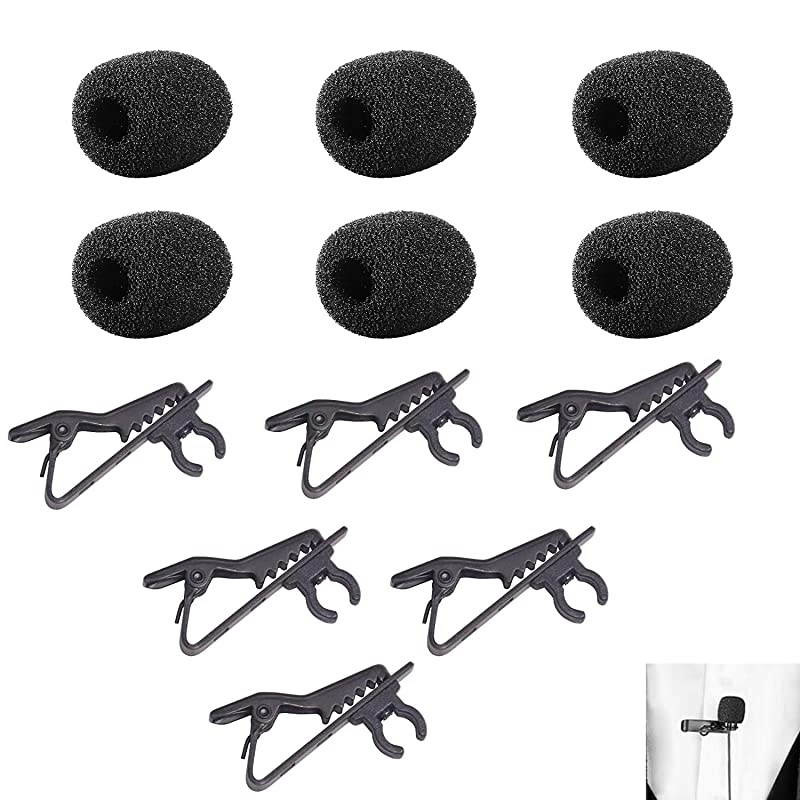 6 packs) Foam Windscreen & Lapel Clips,  Microphone Replacement Kit for Lapel Lavalier Microphone, Lav Microphone Accessories