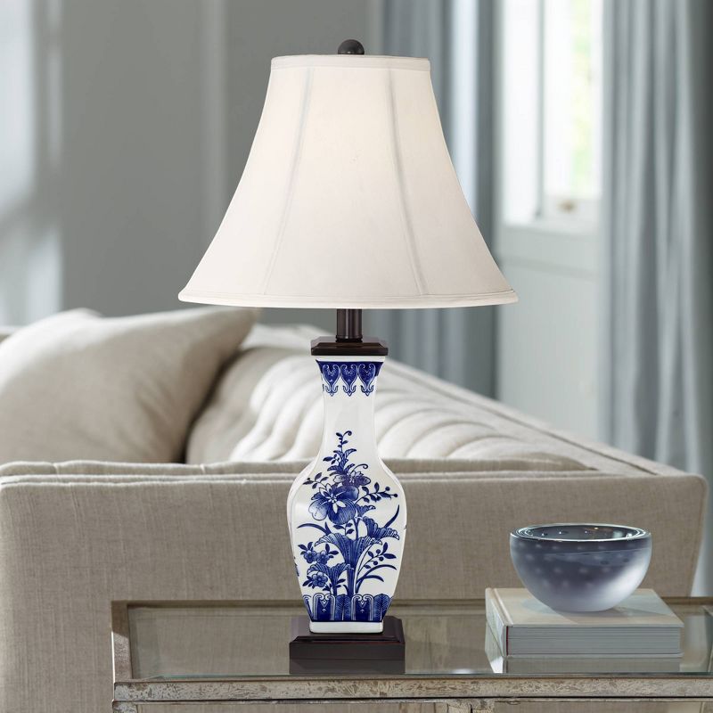 Barnes and Ivy Asian Accent Table Lamp Ceramic Blue Floral Vase White Bell Shade for Living Room Family Bedroom Bedside Nightstand