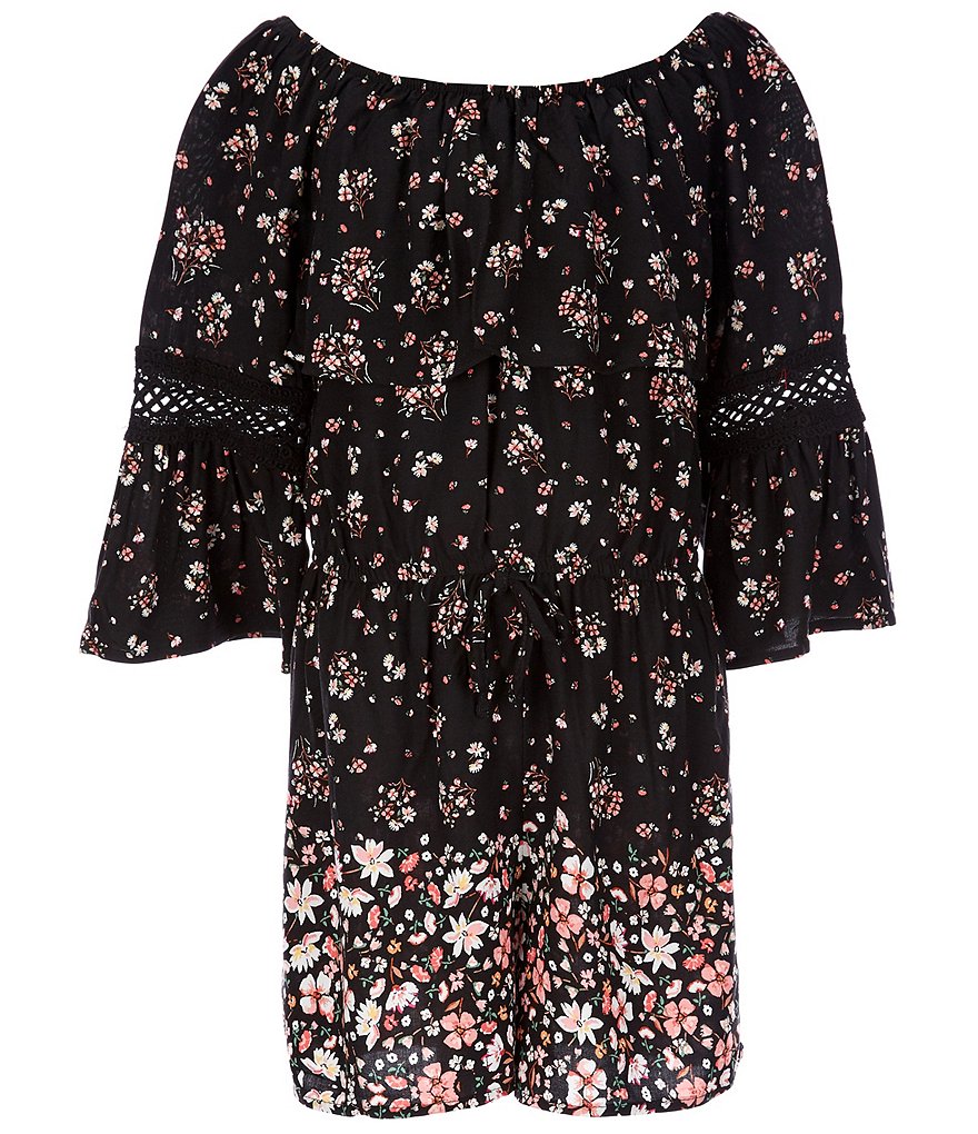Xtraordinary Big Girls 7-16 Bell-Sleeve Floral Border-Hem Romper