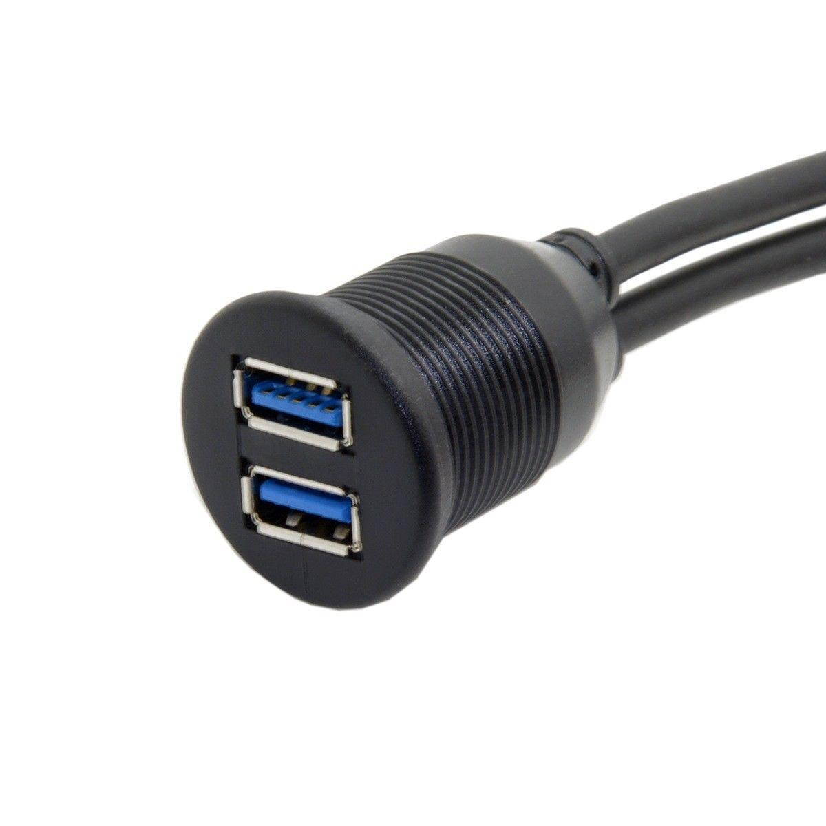 Dual USB 3.0 Male to Female Extension Data and Power Charge Cable with Waterproof Shell Mount Black 2m