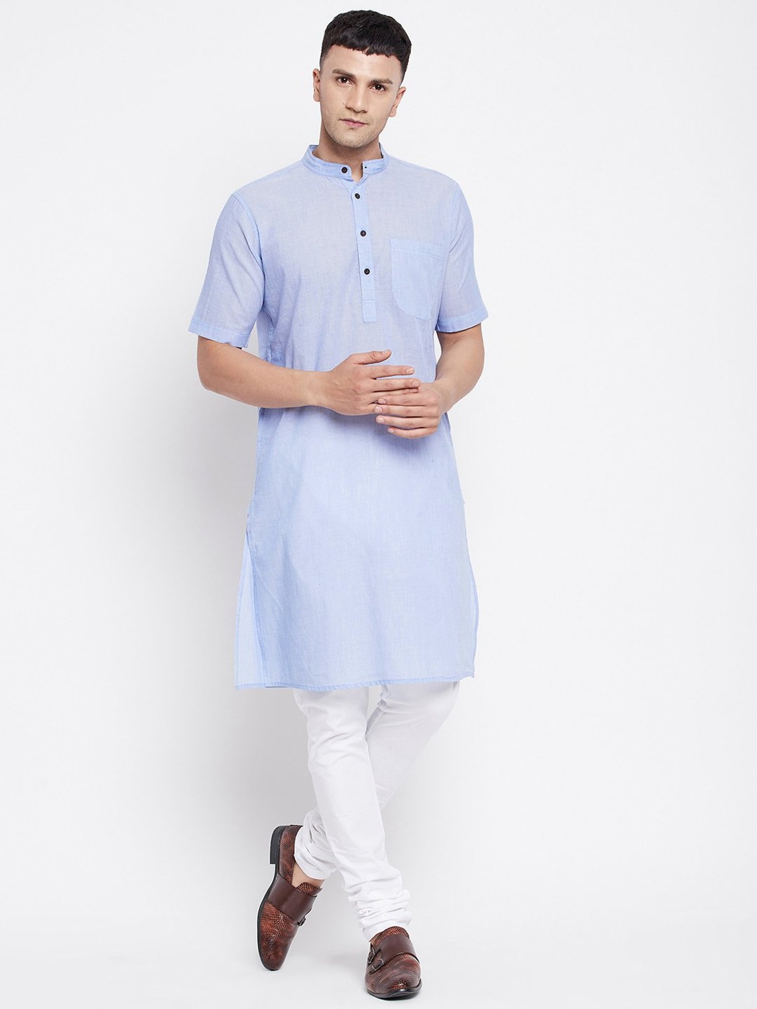 Even Blue Self Design Mandarin Collar Kurta