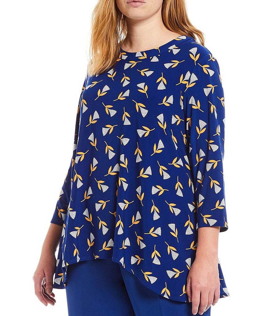 Anne Klein Plus Size Luxe Lily Print Jersey Knit Sharkbite Round Neck 3/4 Sleeve Top
