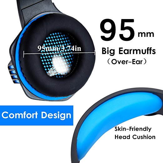 Micolindun Gaming Headset for PS4 Xbox One, Over Ear Gaming Headphones with Mic, Stereo Bass Surround, Noise Reduction, LED Lights and Volume Control for Laptop, PC, Mac, iPad, Smartphones (Blue)