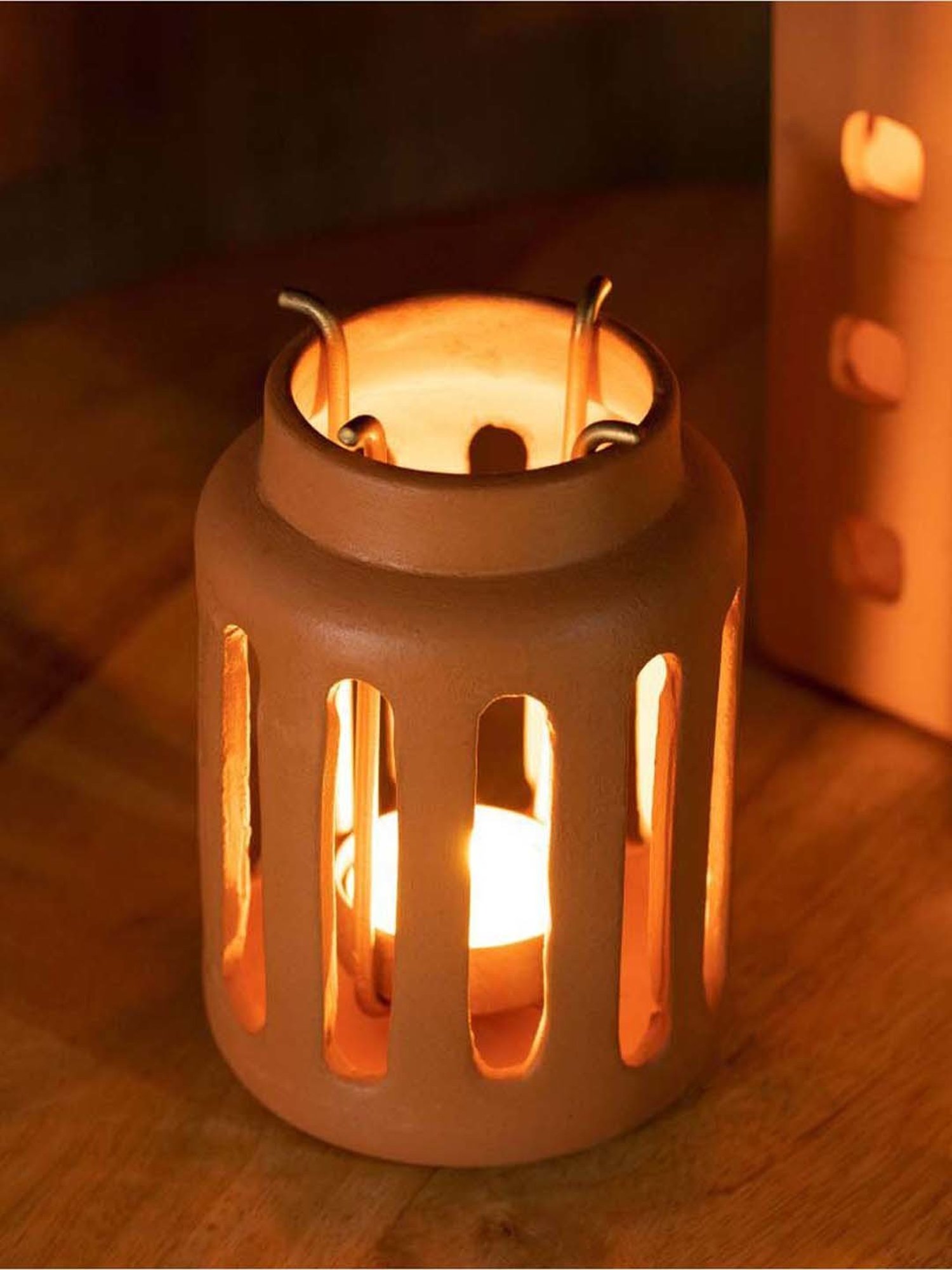 Ellementry Lupa Brown Terracotta Small Round Lantern with Metal Handle