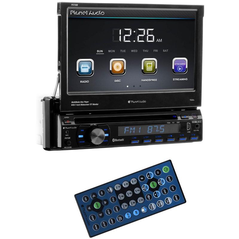 Planet Audio P9759B 7" Single-Din Touchscreen Bluetooth CD/DVD MP3 Car Player USB/SD AUX Receiver with Detachable Front Panel, SWC, & Wireless Remote
