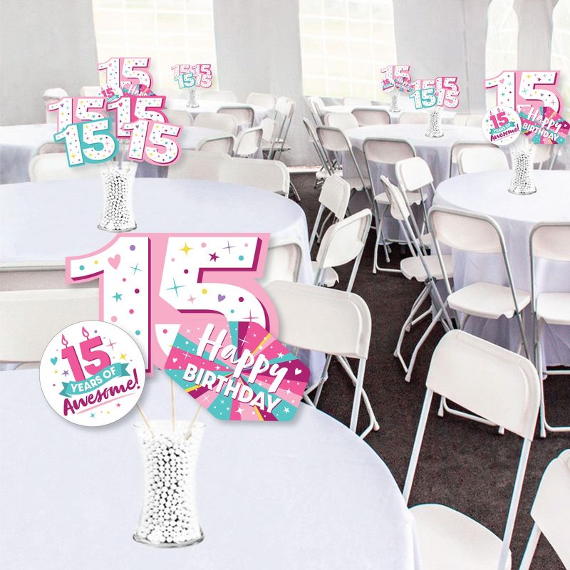 Big Dot of Happiness Girl 15th Birthday - Teen Birthday Party Centerpiece Sticks - Showstopper Table Toppers - 35 Pieces