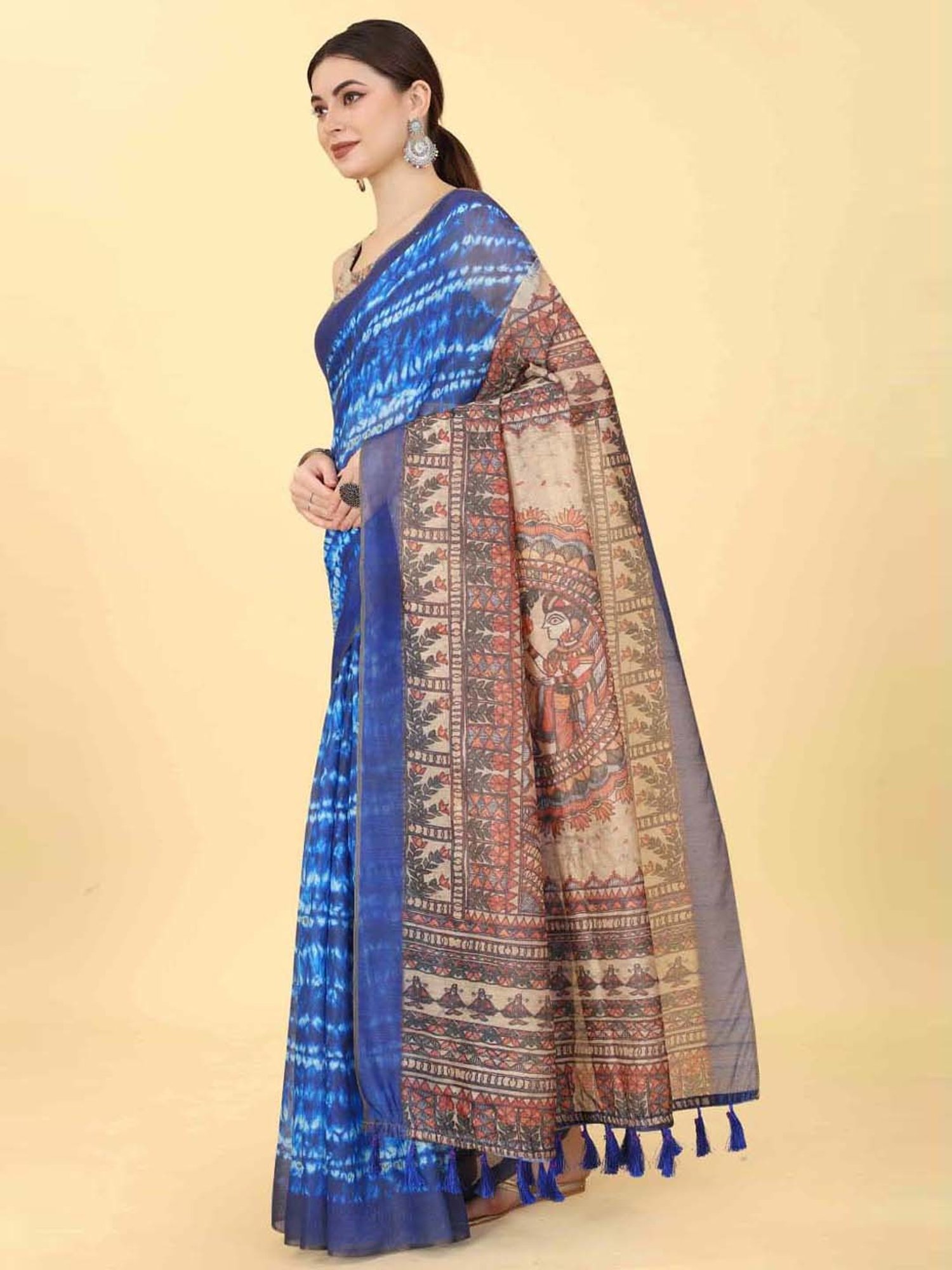 Silk Land Blue Printed Saree With Unstitched Blouse