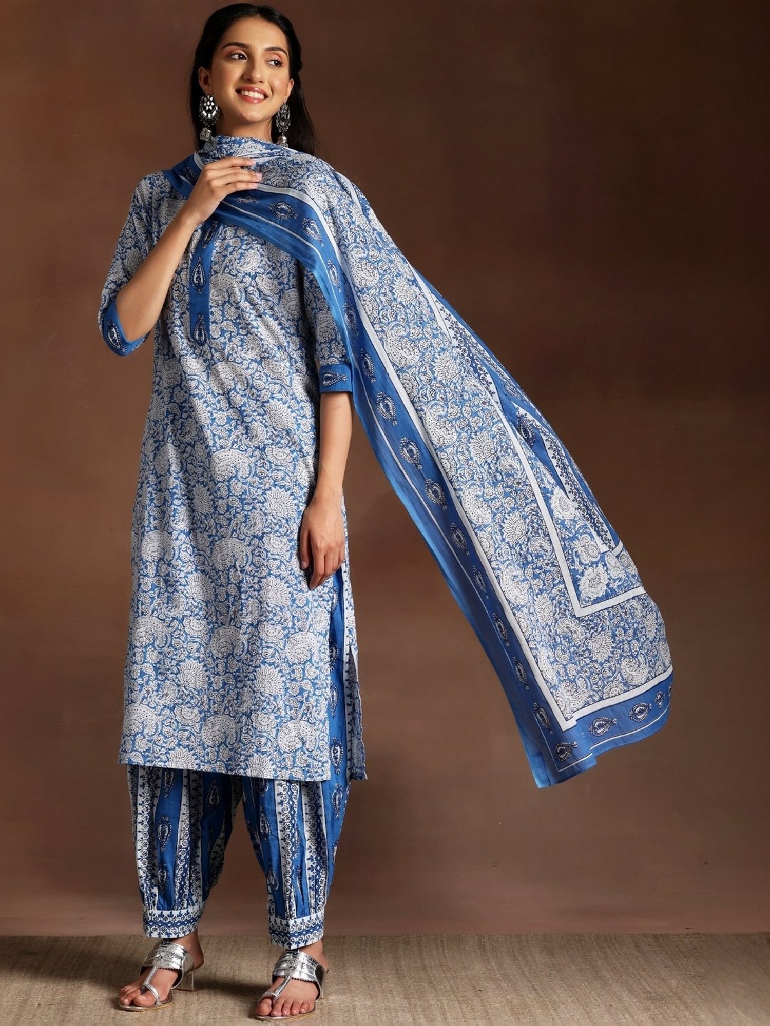 Libas Blue Cotton Printed Kurta Salwar Set With Dupatta