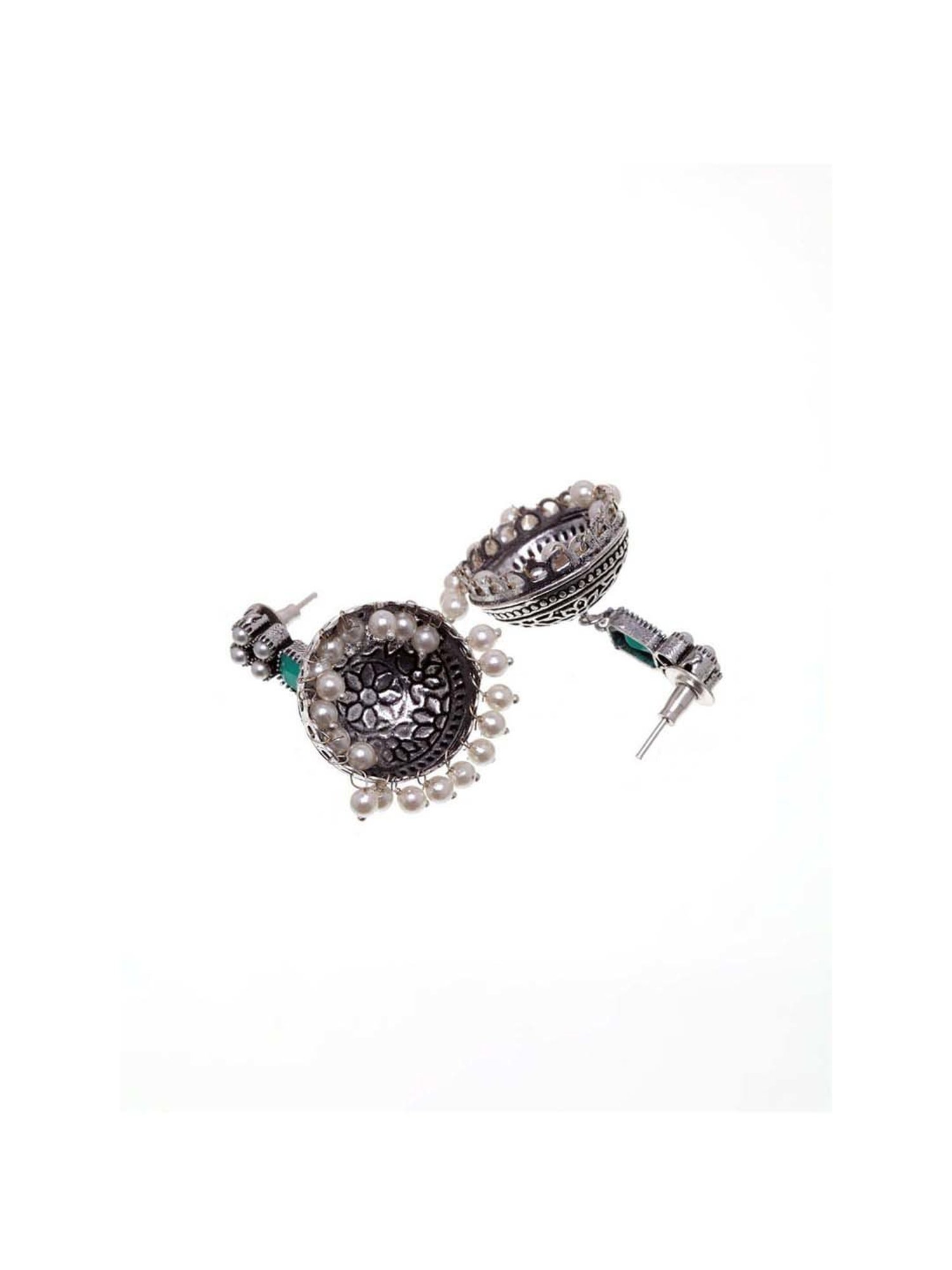 Panash Silver-Plated & Green Oxidised Jhumki Earrings
