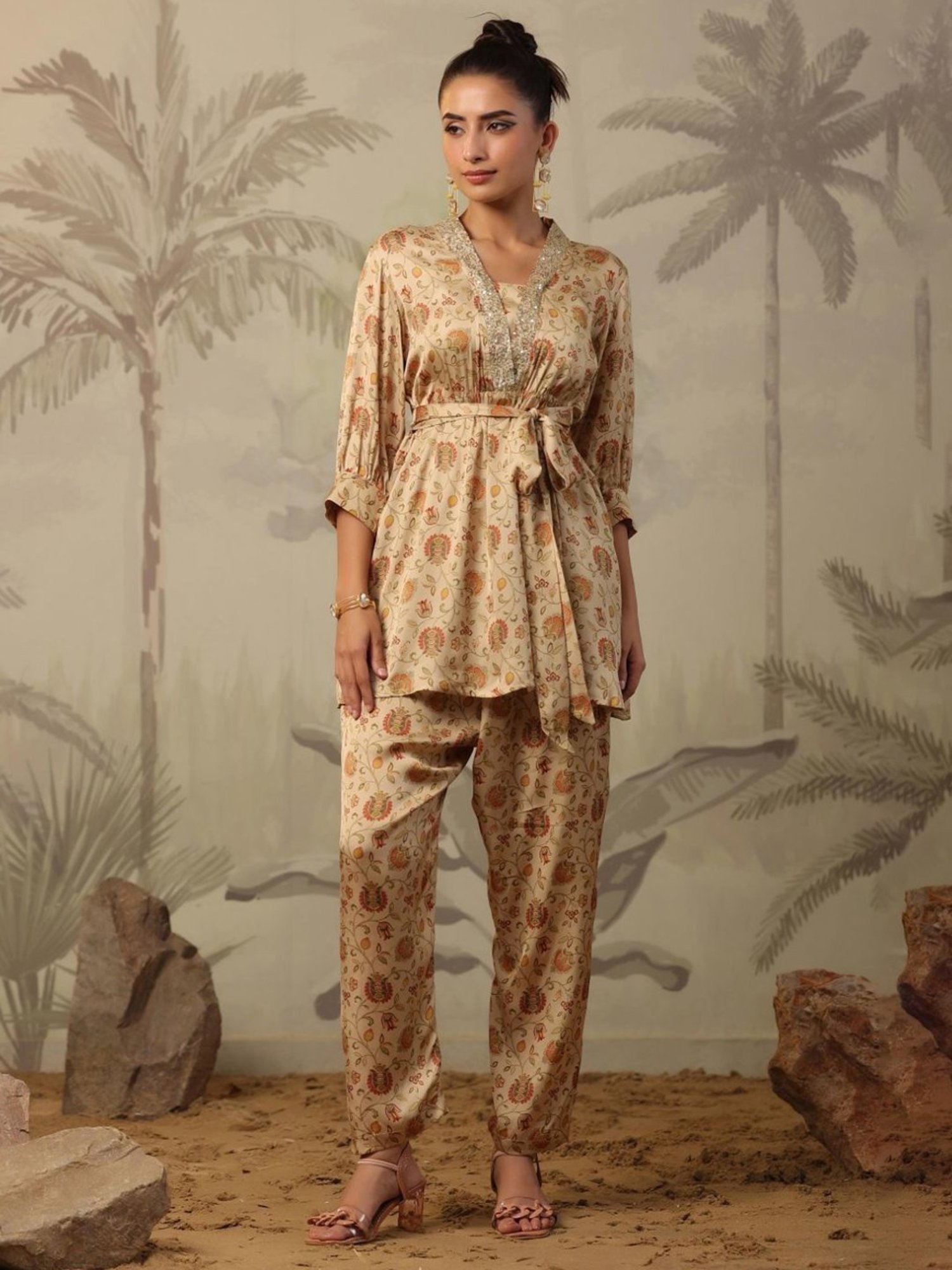 Artagai Beige Co-Ord Set with Notch Collar Kurta and Straight Pants
