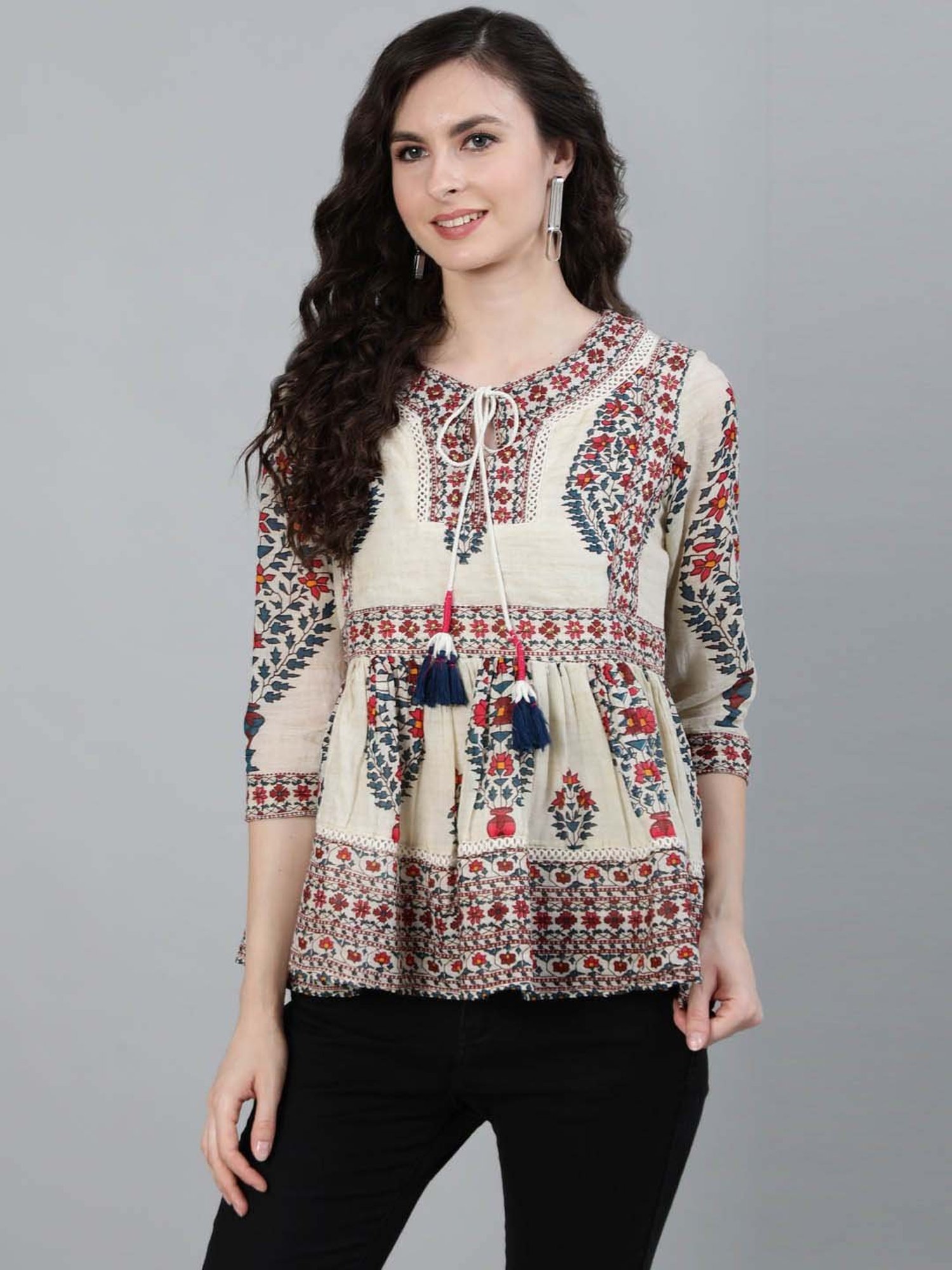 Ishin Beige Pure Cotton Embellished Top