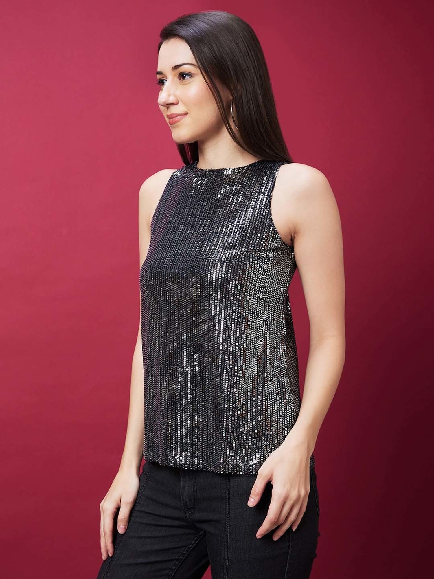 Globus Women Black Knitted Sequinned Stripe Party Top