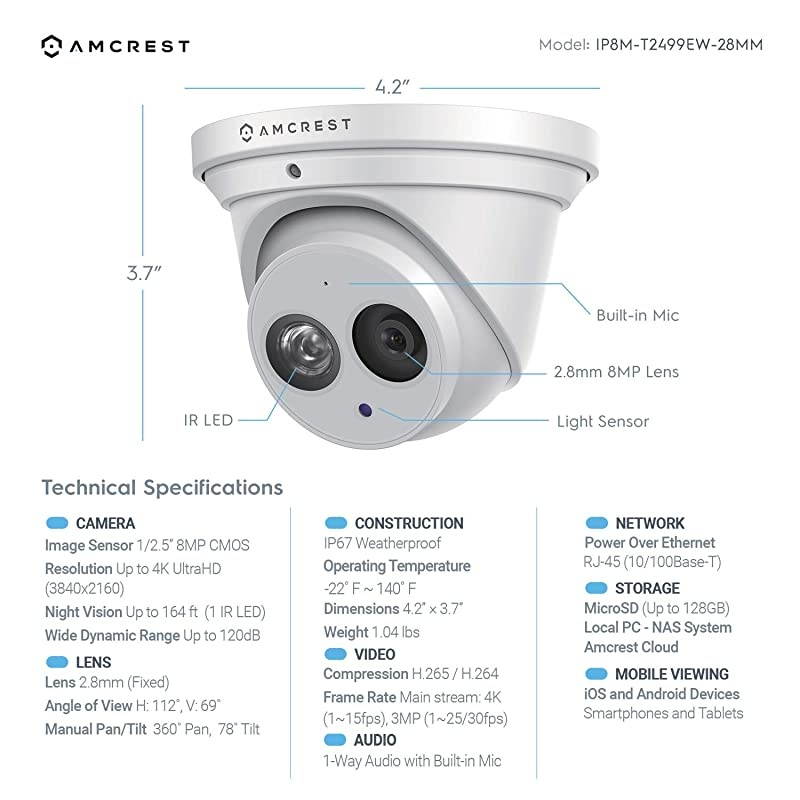UltraHD 4K 8MP Outdoor Security IP Turret PoE Camera 3840x2160 164ft NightVision 28mm Lens IP67 Weatherproof MicroSD Recording 128GB White IP8MT2499EW