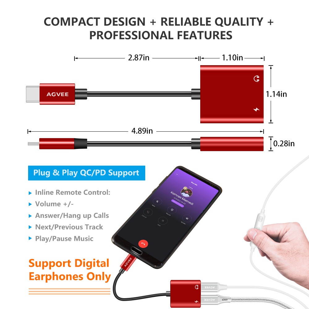 AGVEE Dual USB-C Headphone & Charging Adapter, Type-C Earbud Splitter, Duo USBC Audio & Charger Jack Earphone Dongle for Samsung S21 S20 FE 5G Ultra, Note 20 10, iPad Pro, Pixel 2 3 4 5 XL, Gray