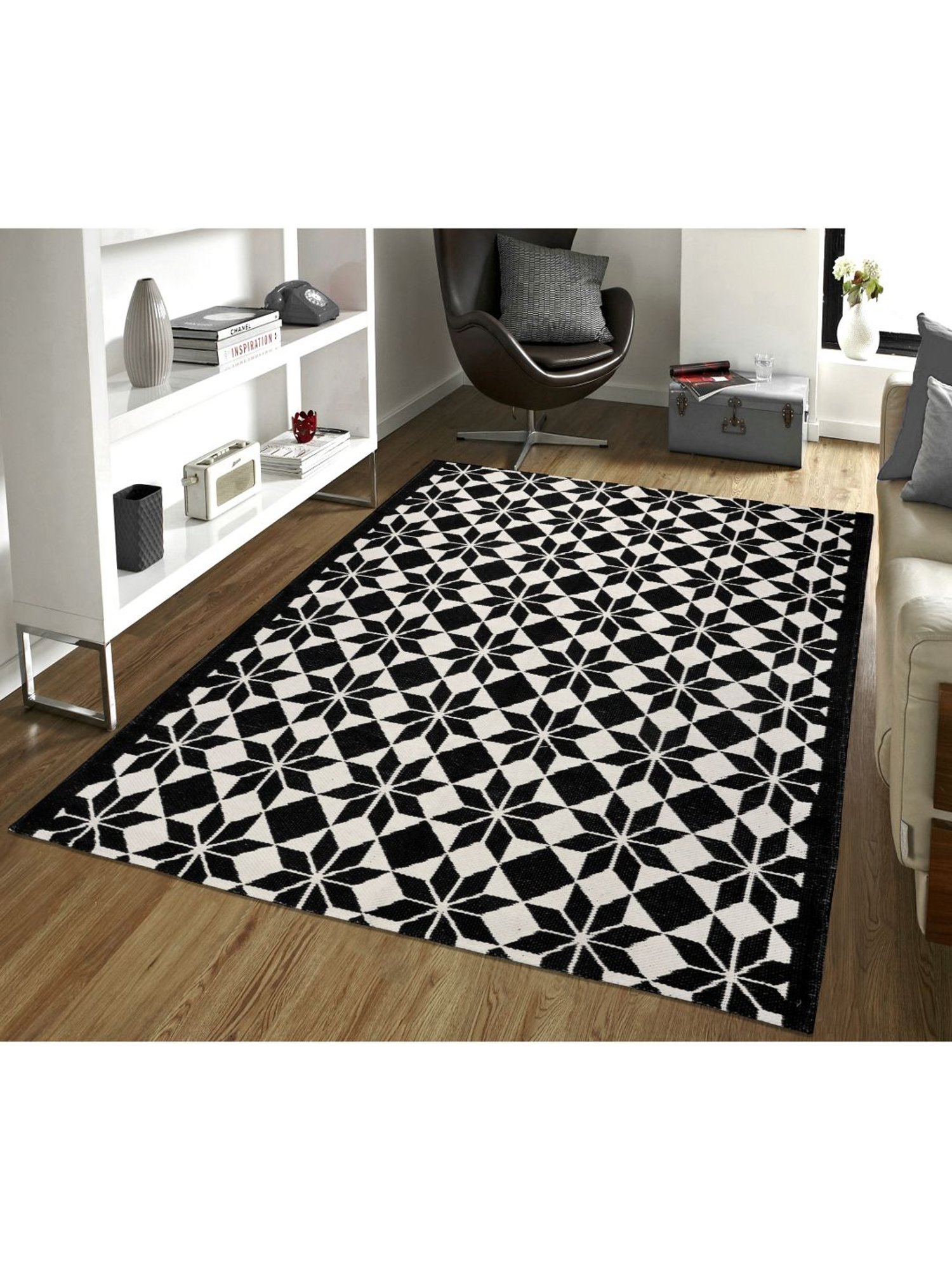Saral Home Abstract Black Cotton Multiuse Handwoven Rug