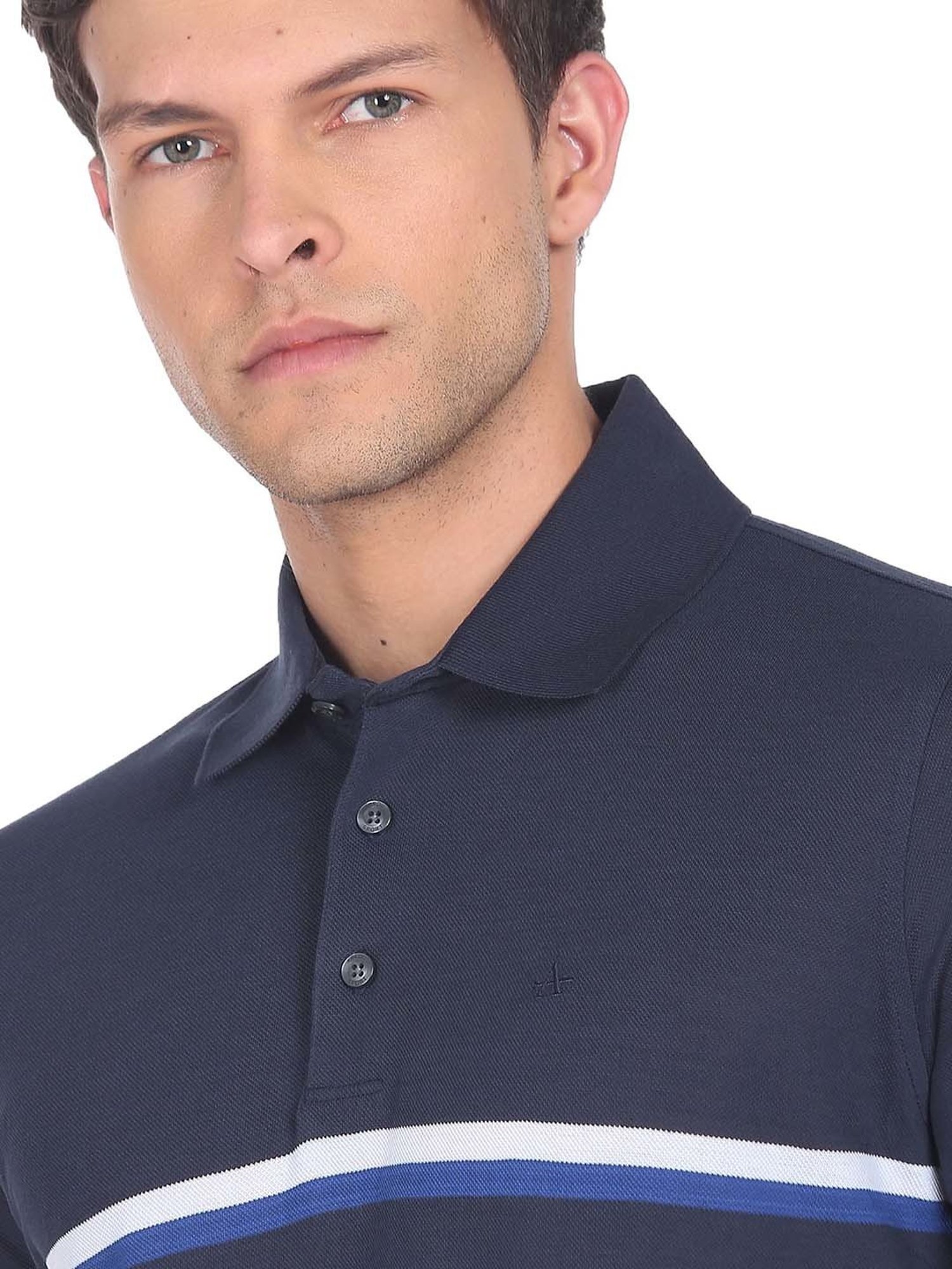 Arrow Navy Regular Fit Striped Cotton Polo T-Shirt
