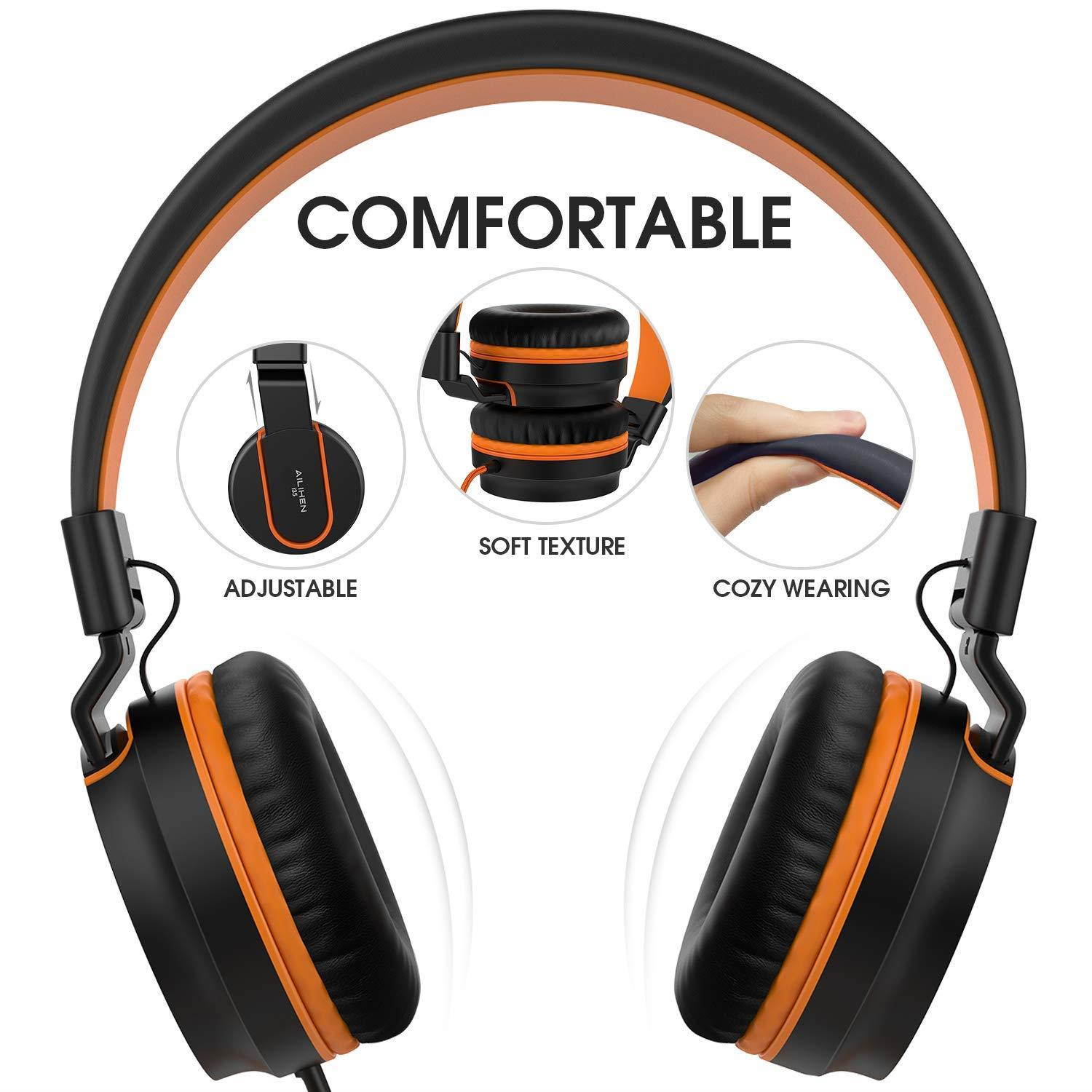 Ailihen I35 Stereo Lightweight Foldable Headphones Adjustable Headband Headsets with Microphone 3.5mm for Cellphones Smartphones iPhone Laptop Computer Mp3/4 Earphones (Black/Orange)