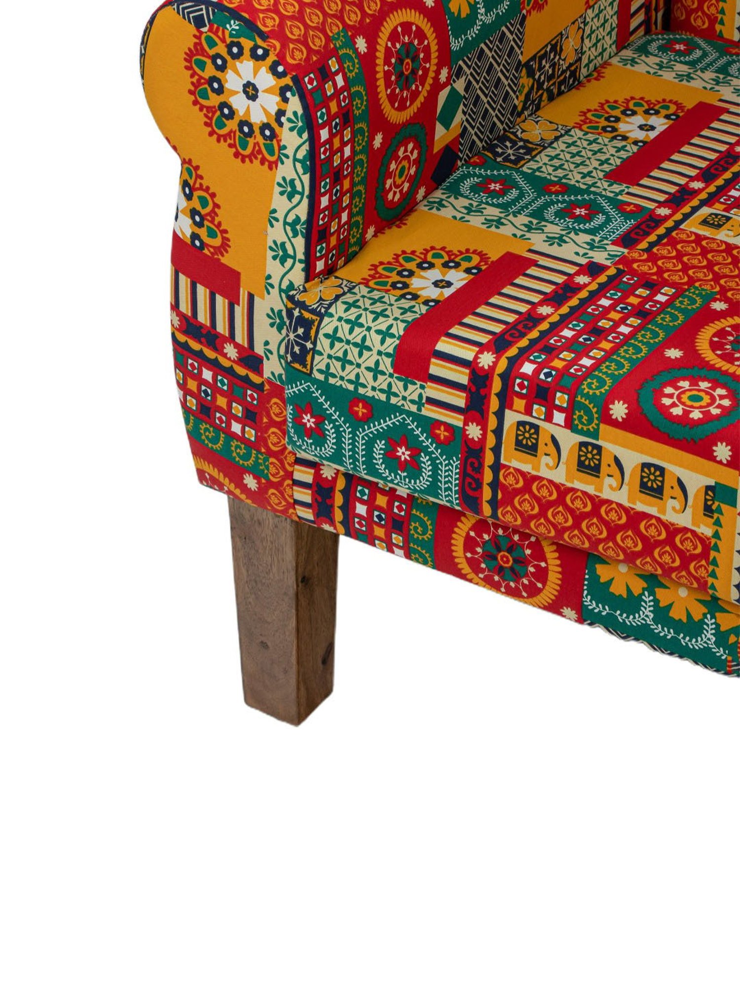 Chumbak Swirls Printed Red Sheesham Wood Begum Wing Chair