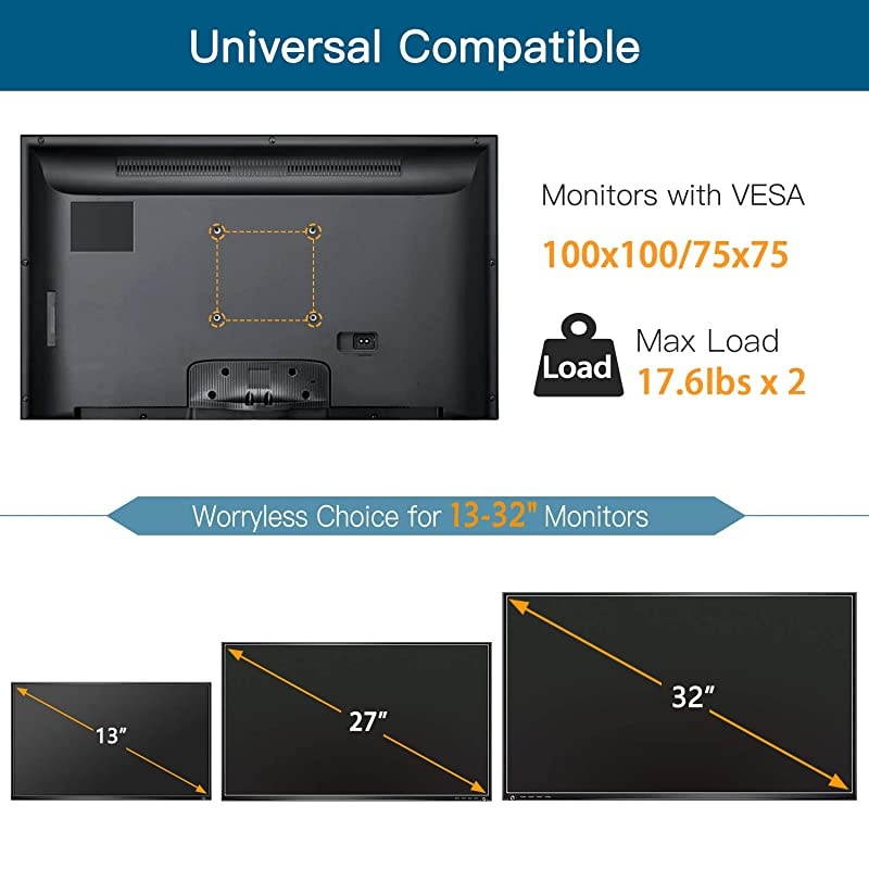Dual Monitor Stand, Free Standing Height Adjustable Two Arm Monitor Mount for Two 13 to 32 inch Flat Curved LCD Screens with Swivel and Tilt, 17.6lbs per Arm by
