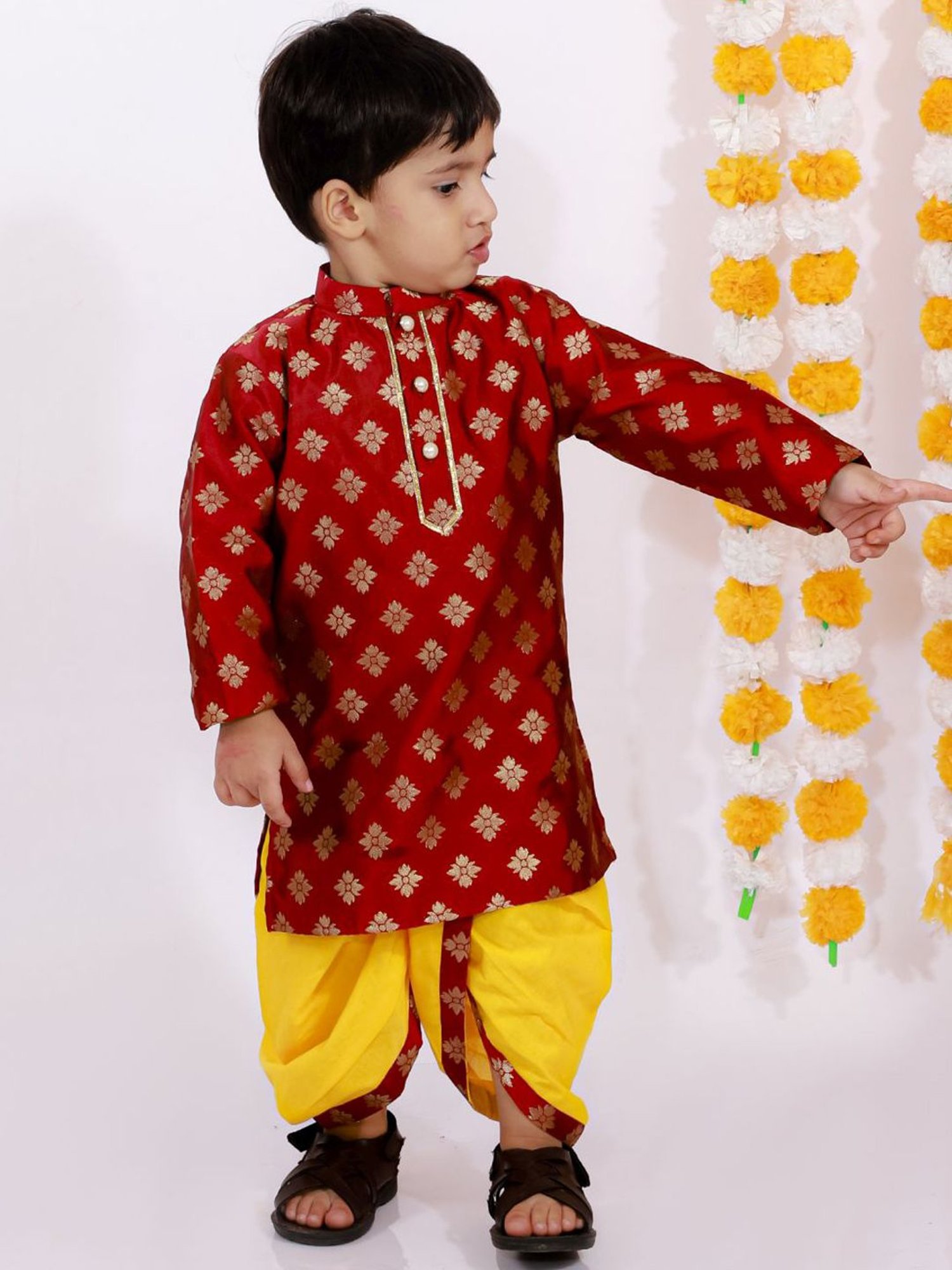 Little Bansi Kids Maroon & Yellow Embellished Kurta Set