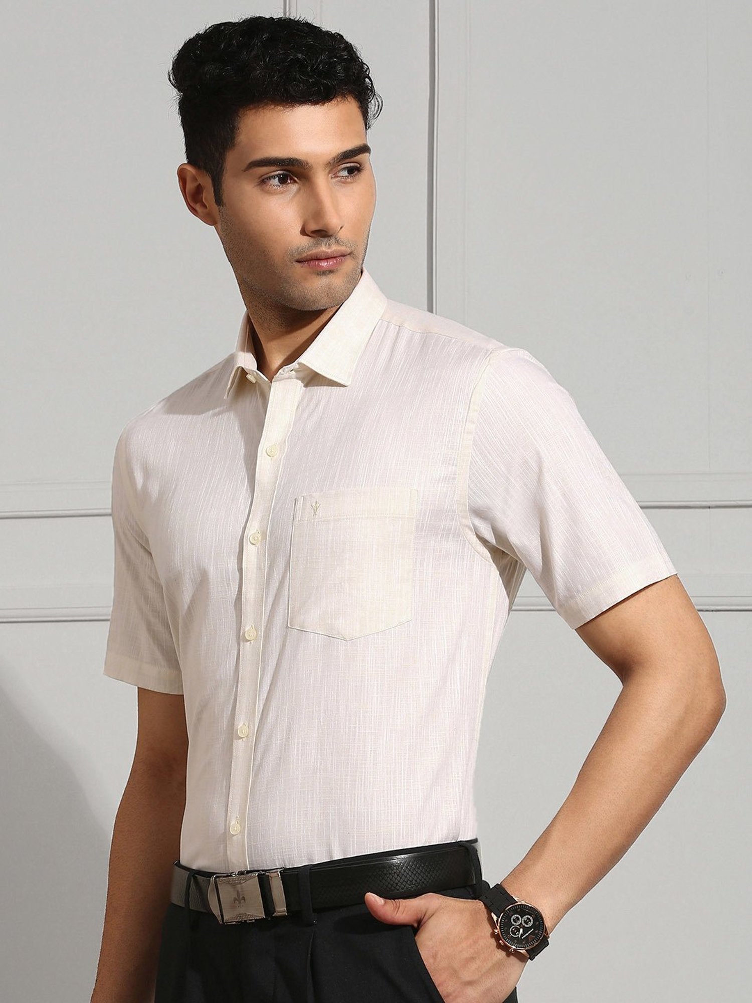Ramraj Cream Regular Fit Textured Cotton Shirt