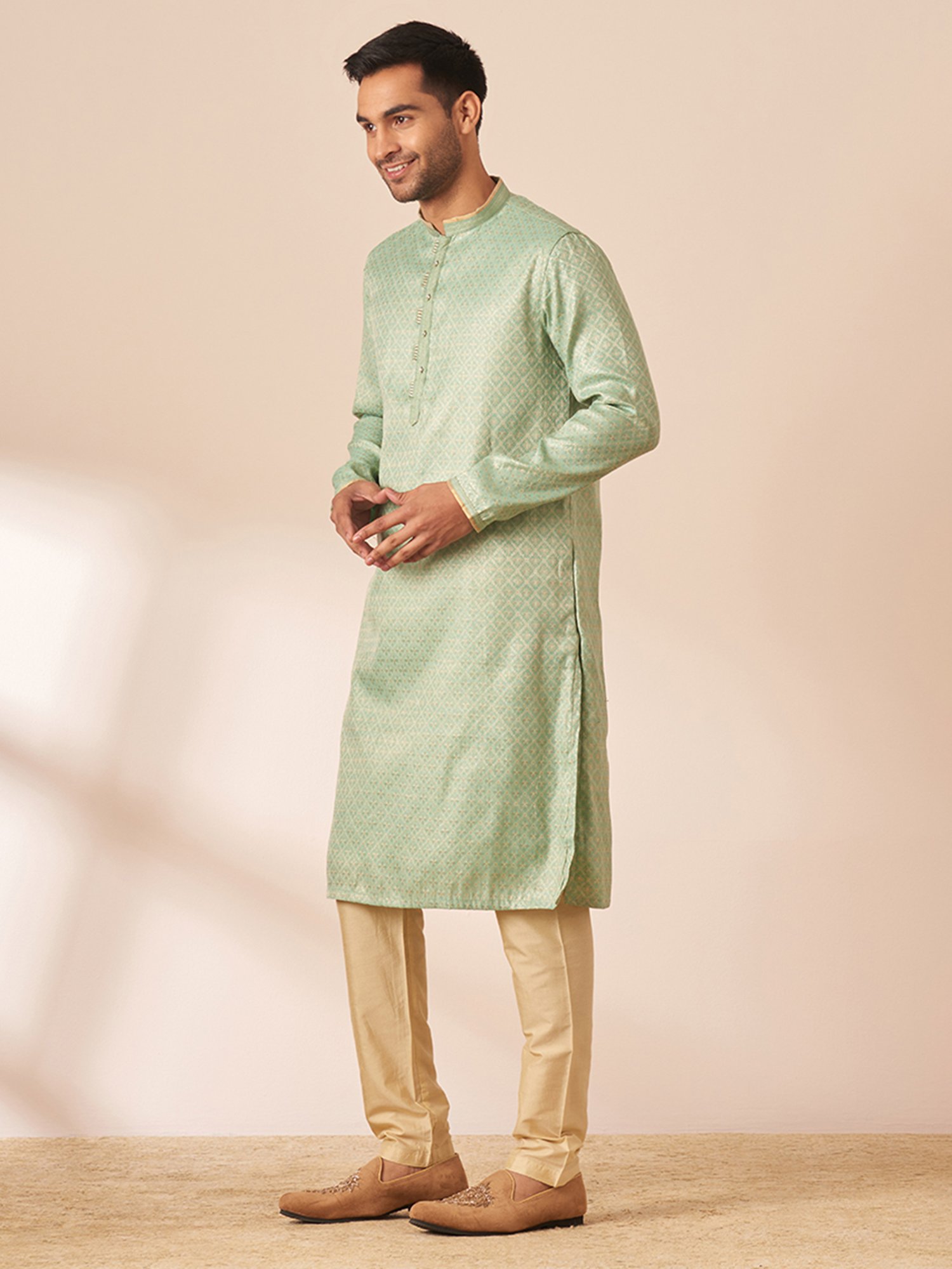Manyavar Light Green & Gold Regular Fit Self Design Kurta & Pyjamas Set