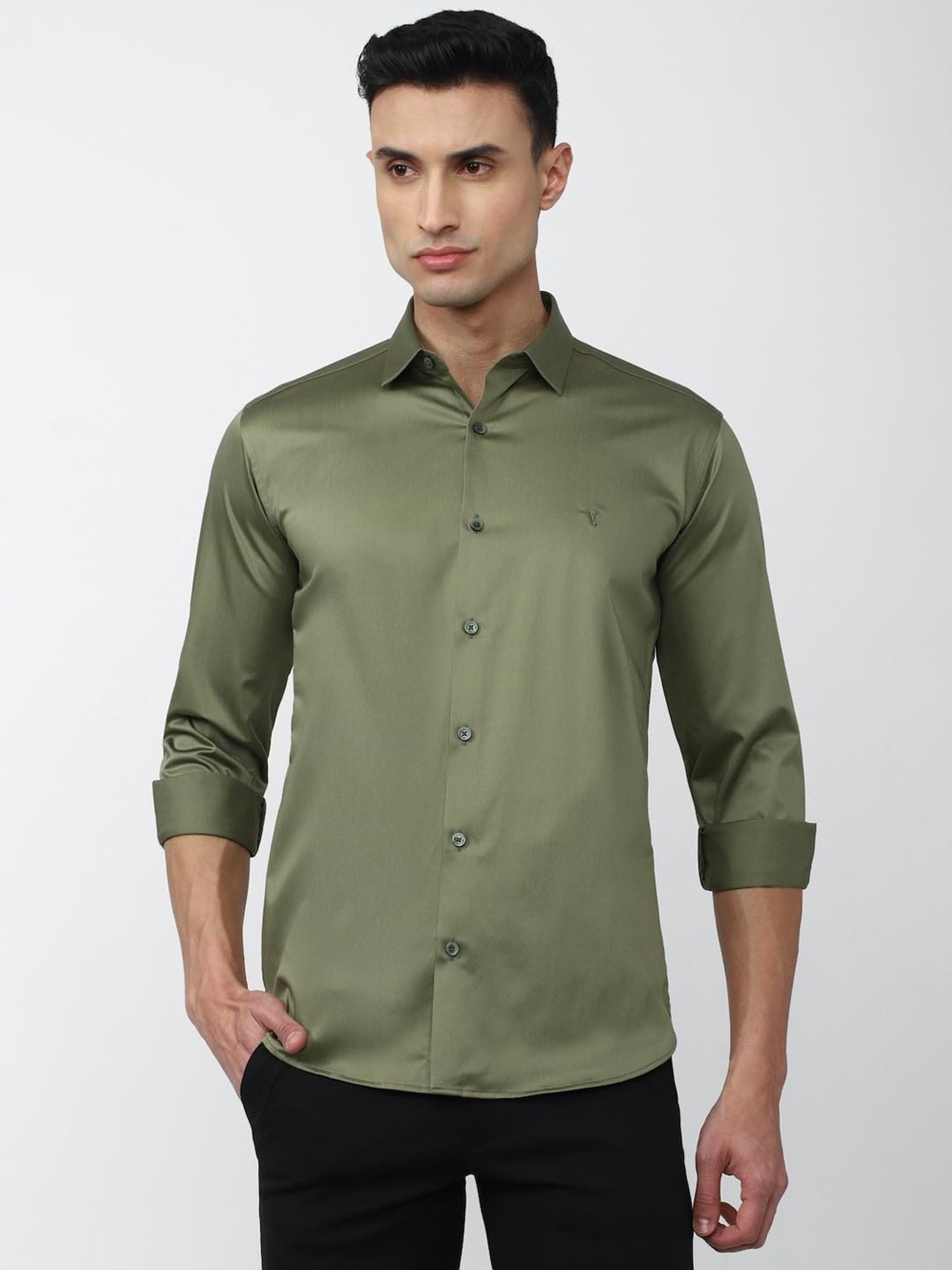 V Dot Green Cotton Slim Fit Shirt
