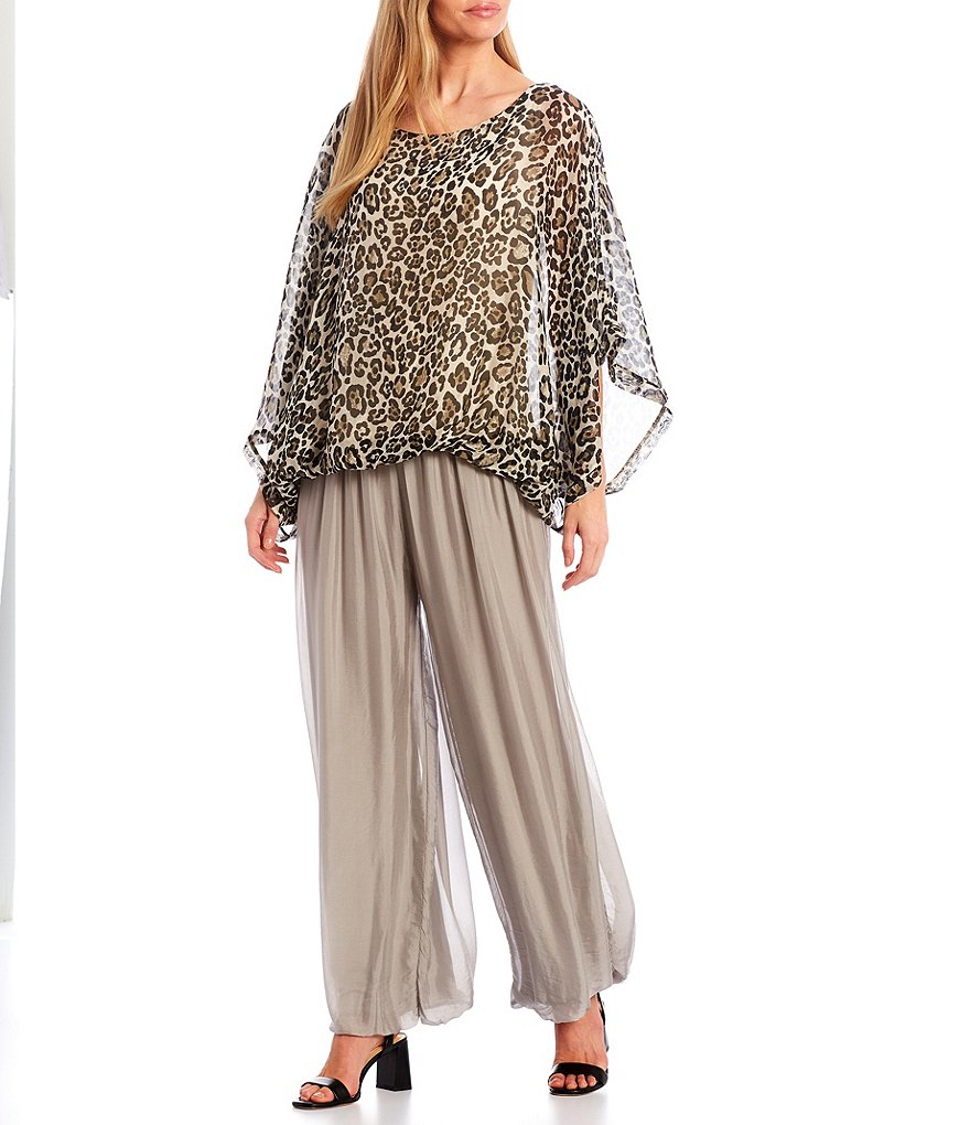 M Made in Italy Silk Blend Leopard Print 3/4 Sleeve Bubble Hem Poncho Top