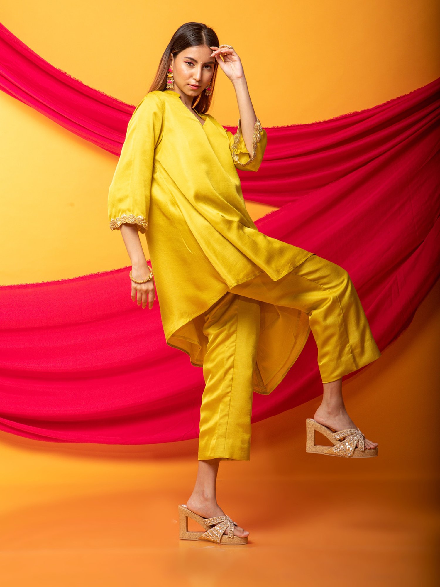 Monk & Mei Nusrat Assymetrical Kurta and Pant Co-ord Set-Canary Yellow