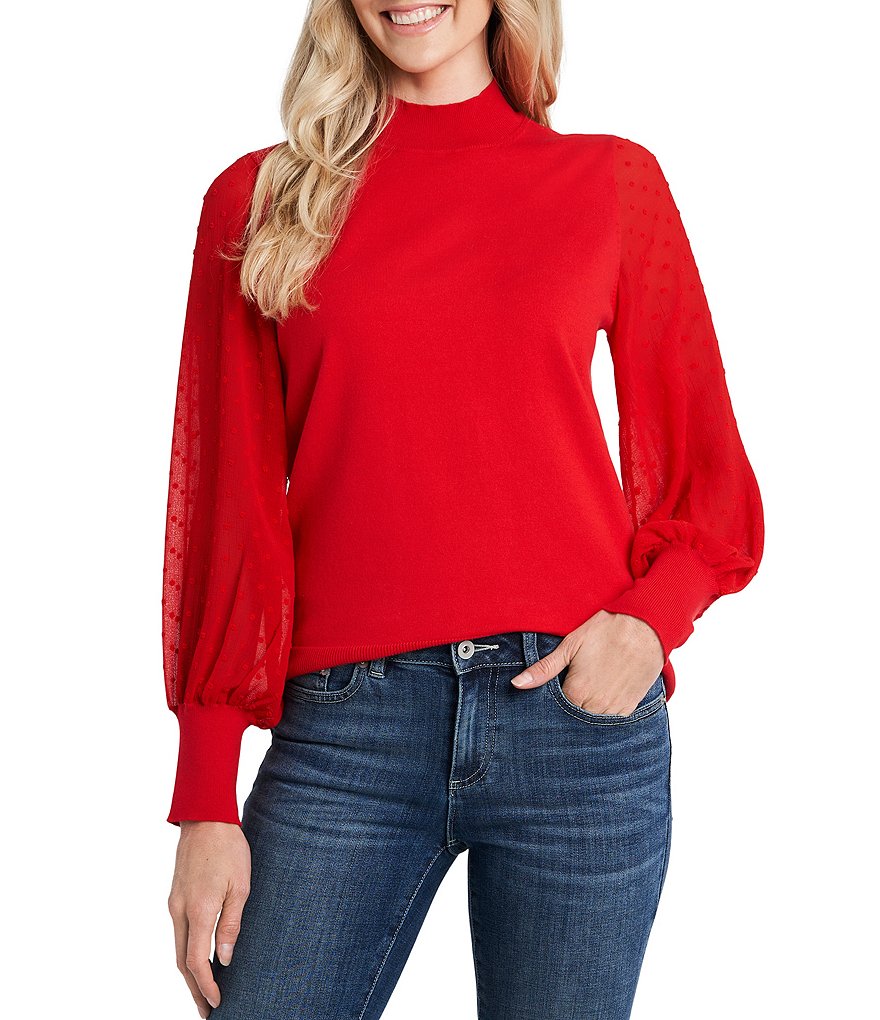 CeCe Mock Neck Long Sleeve Clip Dot Sweater