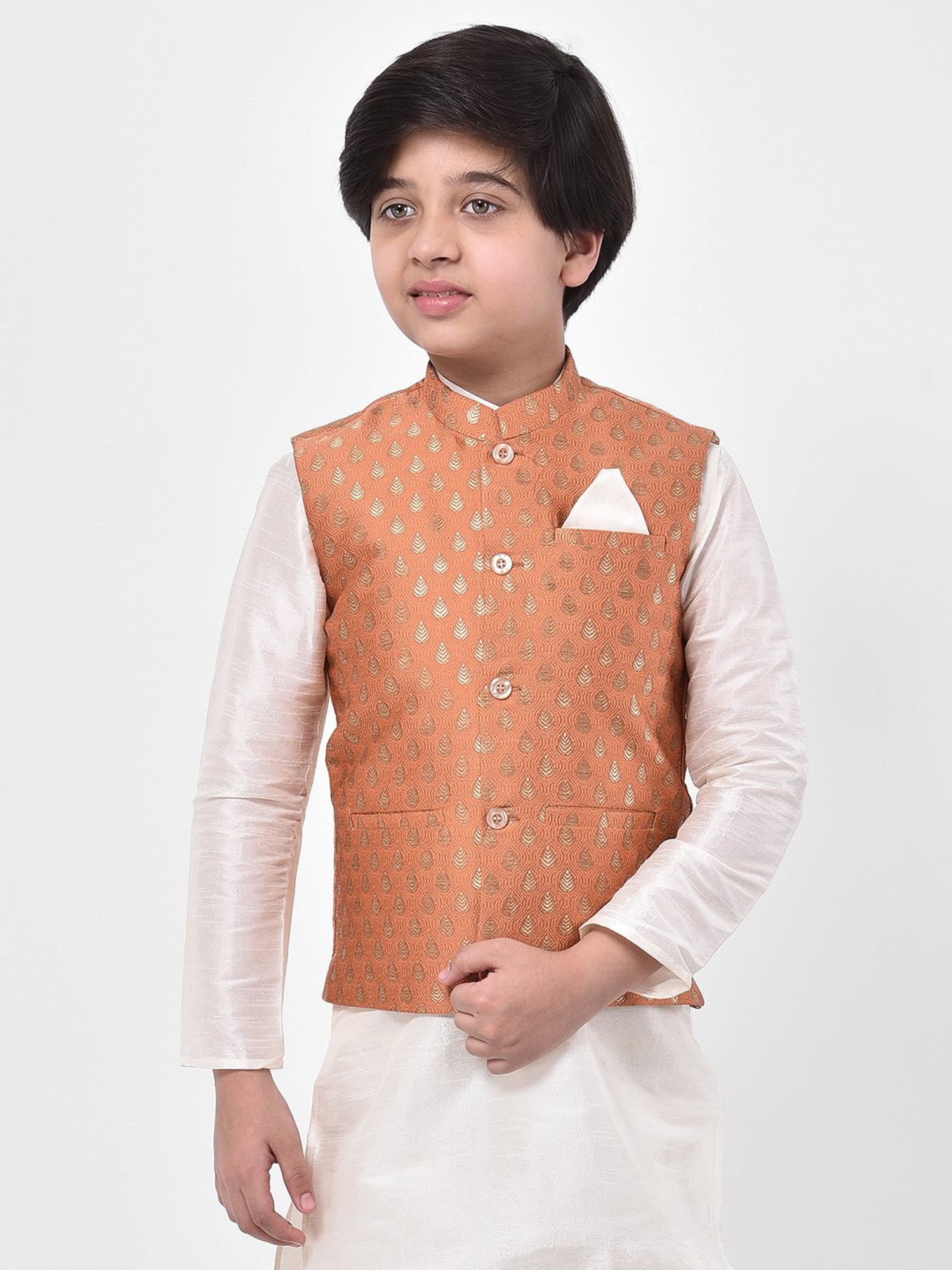 Deyann Kids Peach Embroidered Nehru Jacket