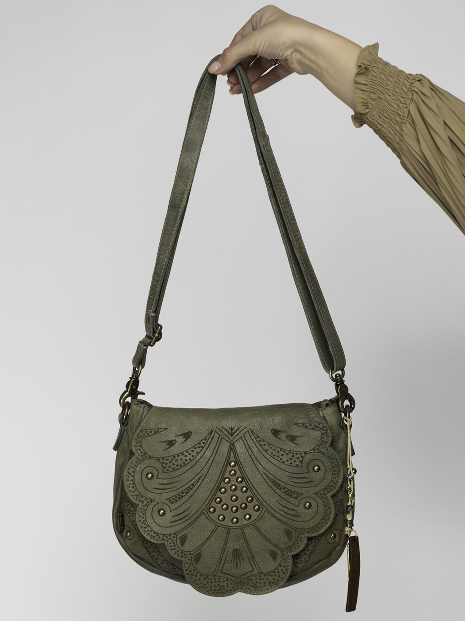 Art N Vintage Carob Olive Leather Textured Small Sling Handbag