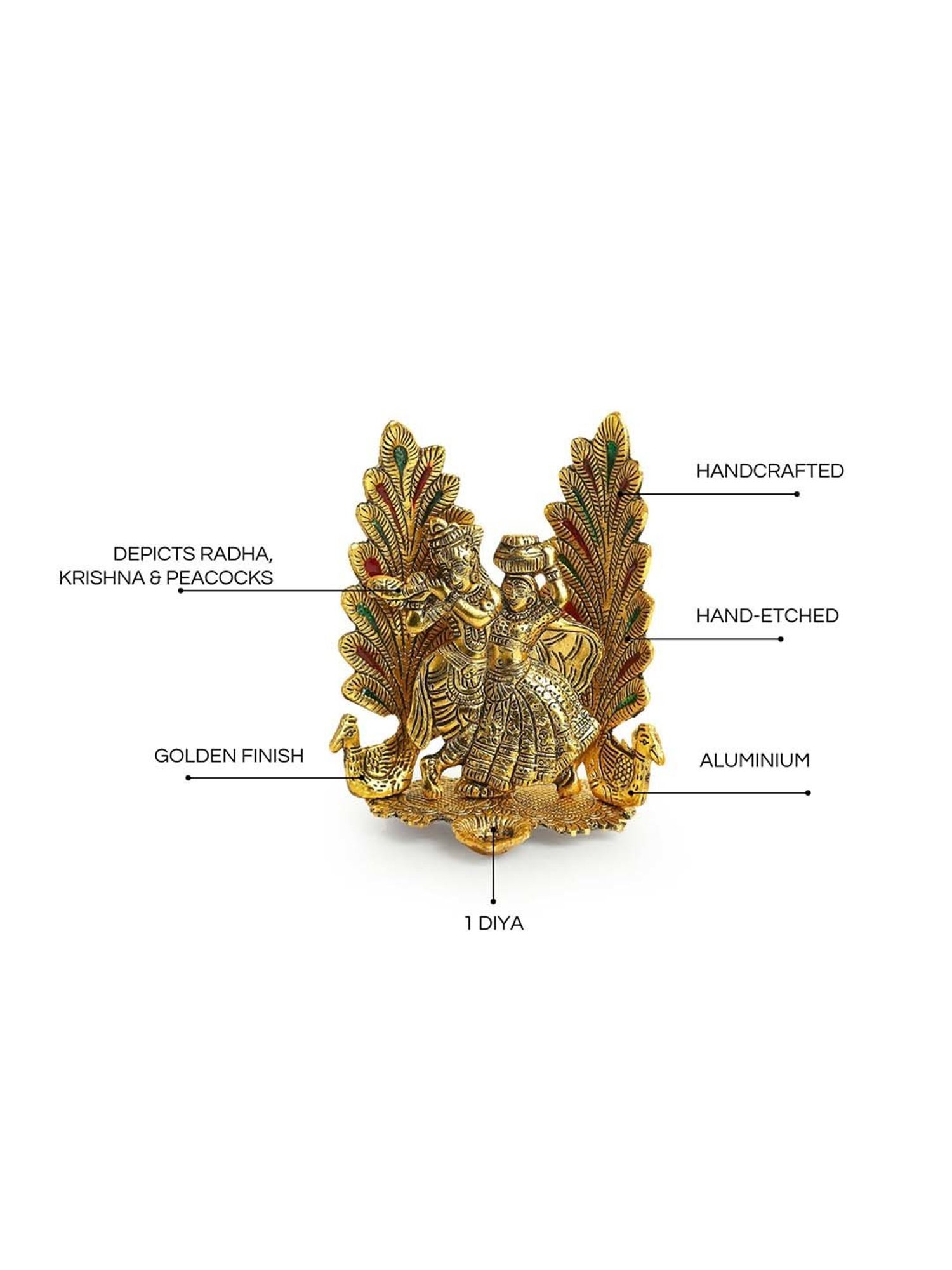 ExclusiveLane Golden Aluminium Radha-Krishna & Peacock Idol With Diya