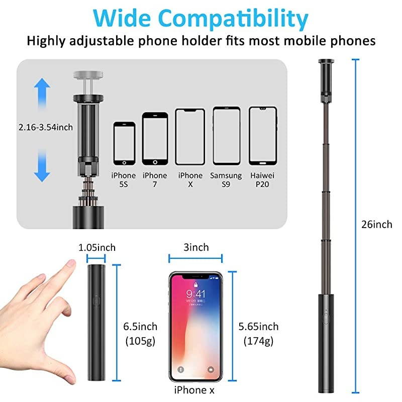 Selfie Stick Bluetooth, Lightweight Aluminum All in One Extendable Selfie Sticks Compact Design, Compatible with iPhone 12 Pro Max/12 Pro/12/11 Pro Max/11 Pro/11/XS Max, Galaxy S20, More