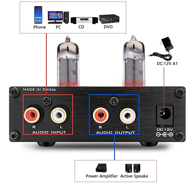 TUBE03 Tube Preamplifier 6K4 Tube HiFi Tube Preamp with Bass amp Treble Control Home Theater Stereo Audio Preamplifier DC 12V Black