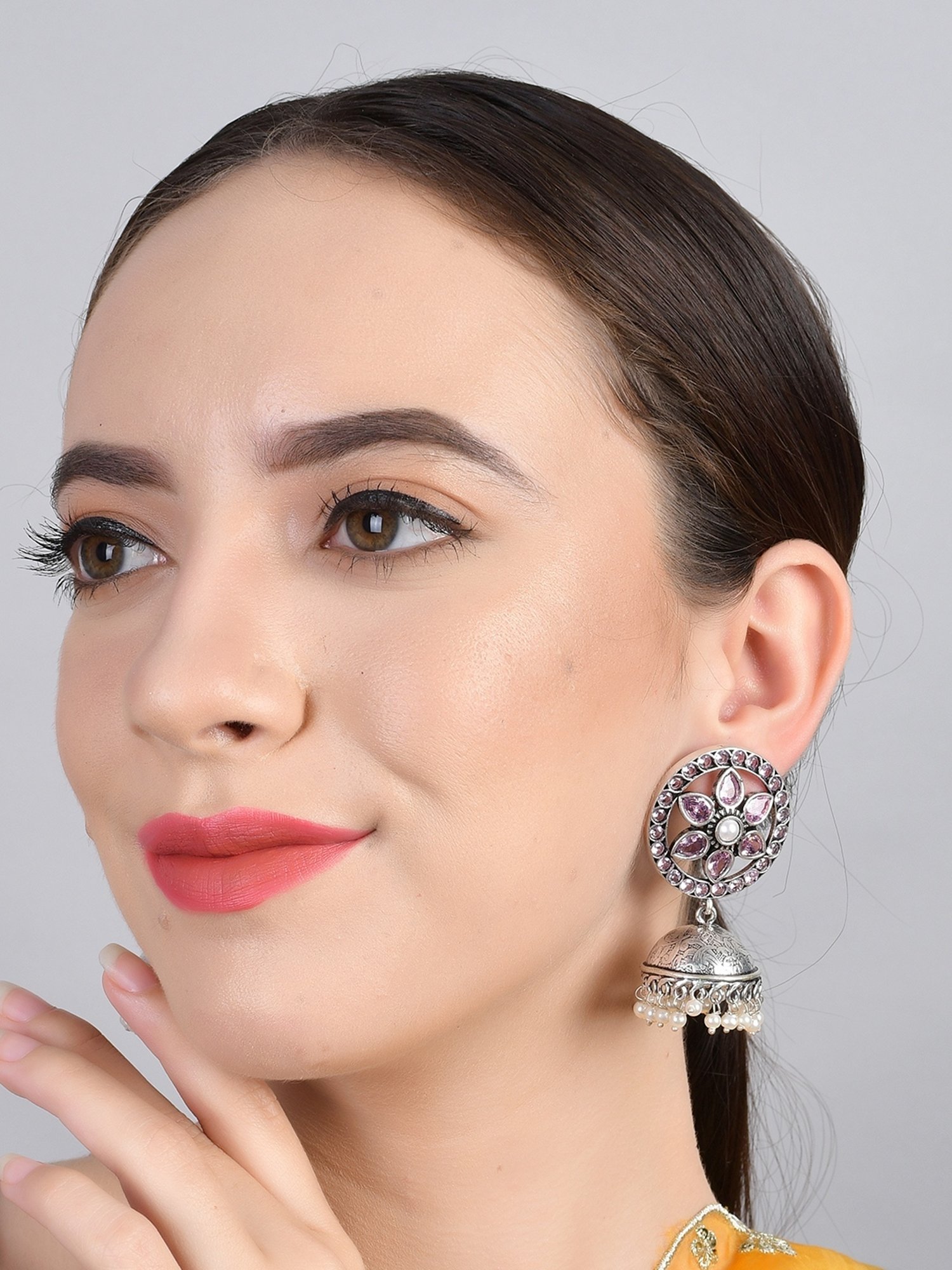 Imli Street Pink-White Silver Tone Stone-Studded Handcrafted Jhumki Earrings